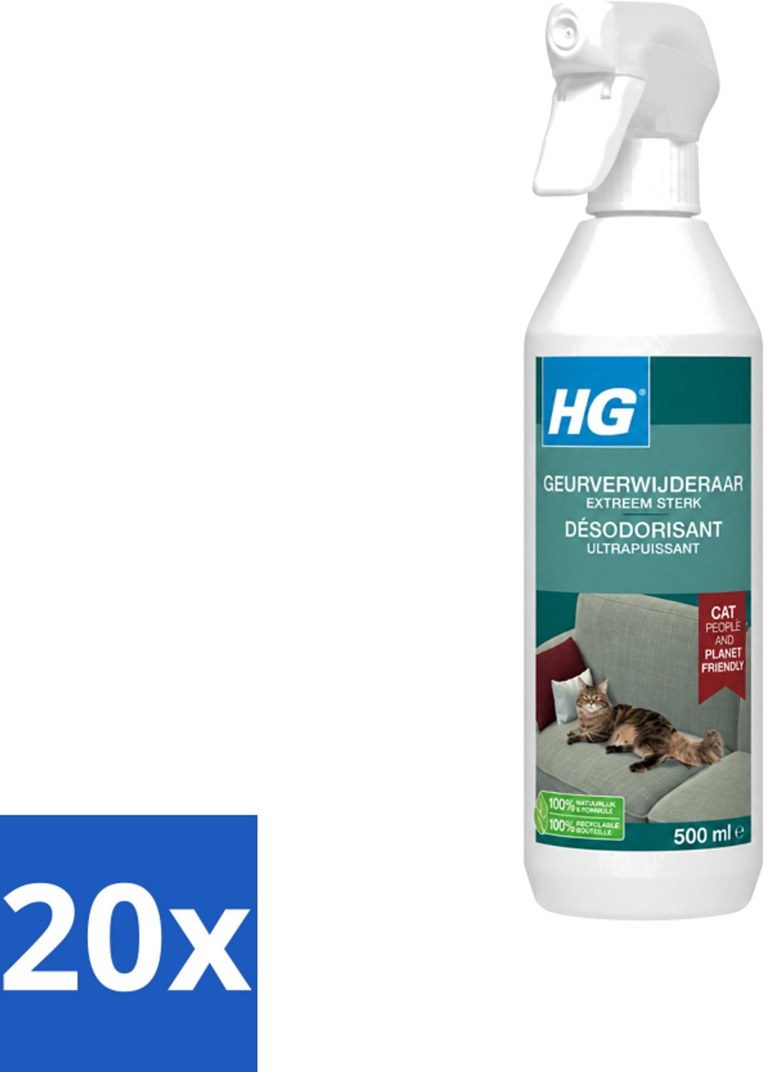 20 x HG - Geurverwijderaar - Extreem Sterk - Tegen Kattengeuren - 100% Biologisch - 500 ml - Voordeelverpakking - 20 stuks