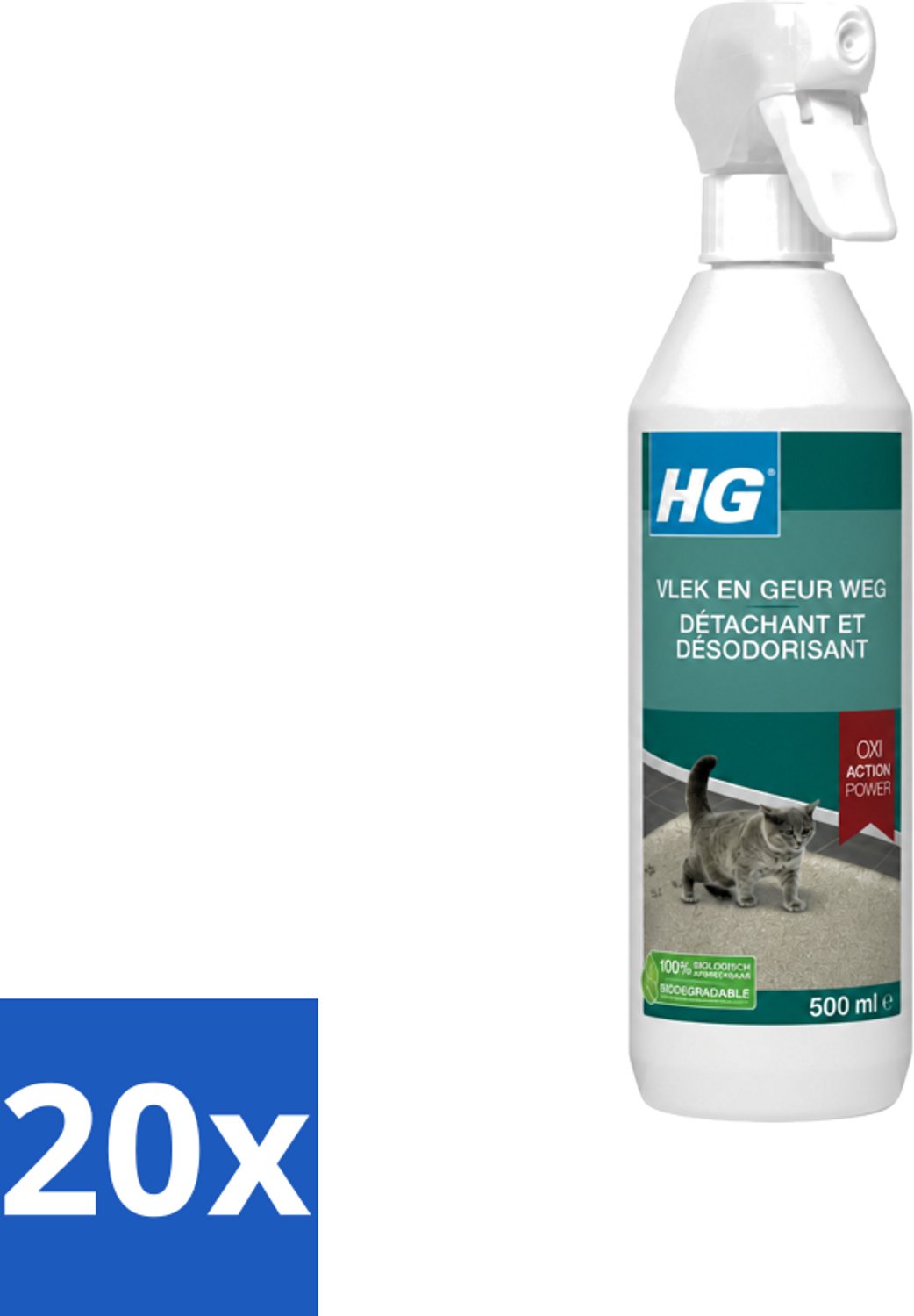 20 x HG - Vlek & Geur Weg - Tegen Kattengeuren- Oxi Action Power - 100% Biologisch - 500 ml - Voordeelverpakking - 20 stuks