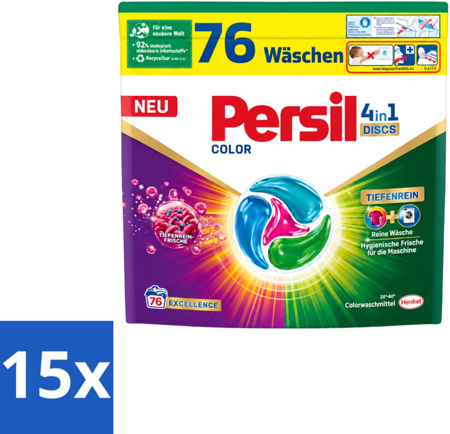 15 x Persil – Wasmiddel Discs 4-in-1 – Color - 76 Capsules - Voordeelverpakking - 15 stuks