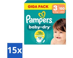 15 x Pampers – Luiers – Baby Dry Maat 3 – 150 Luiers - Voordeelverpakking - 15 stuks