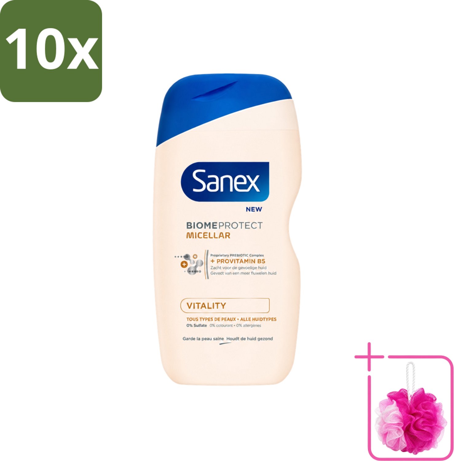 10 x Sanex - BiomeProtect Micellair - Douchegel - Vitaliteit - 0% Sulfaat - Alle Huidtypes - 400 ml - Bulkverpakking - Huid reinigen - Douchemop - Micellaire douchegel