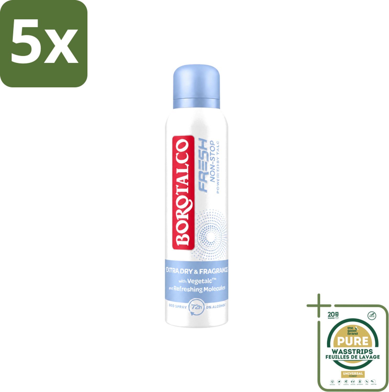 5 x Borotalco – Deodorant Spray – Fresh Non-Stop – 150 ml - Wasstrips - Frisheid - Zweetbestendig - Menthol - Koel Gevoel - Deodorant Spray