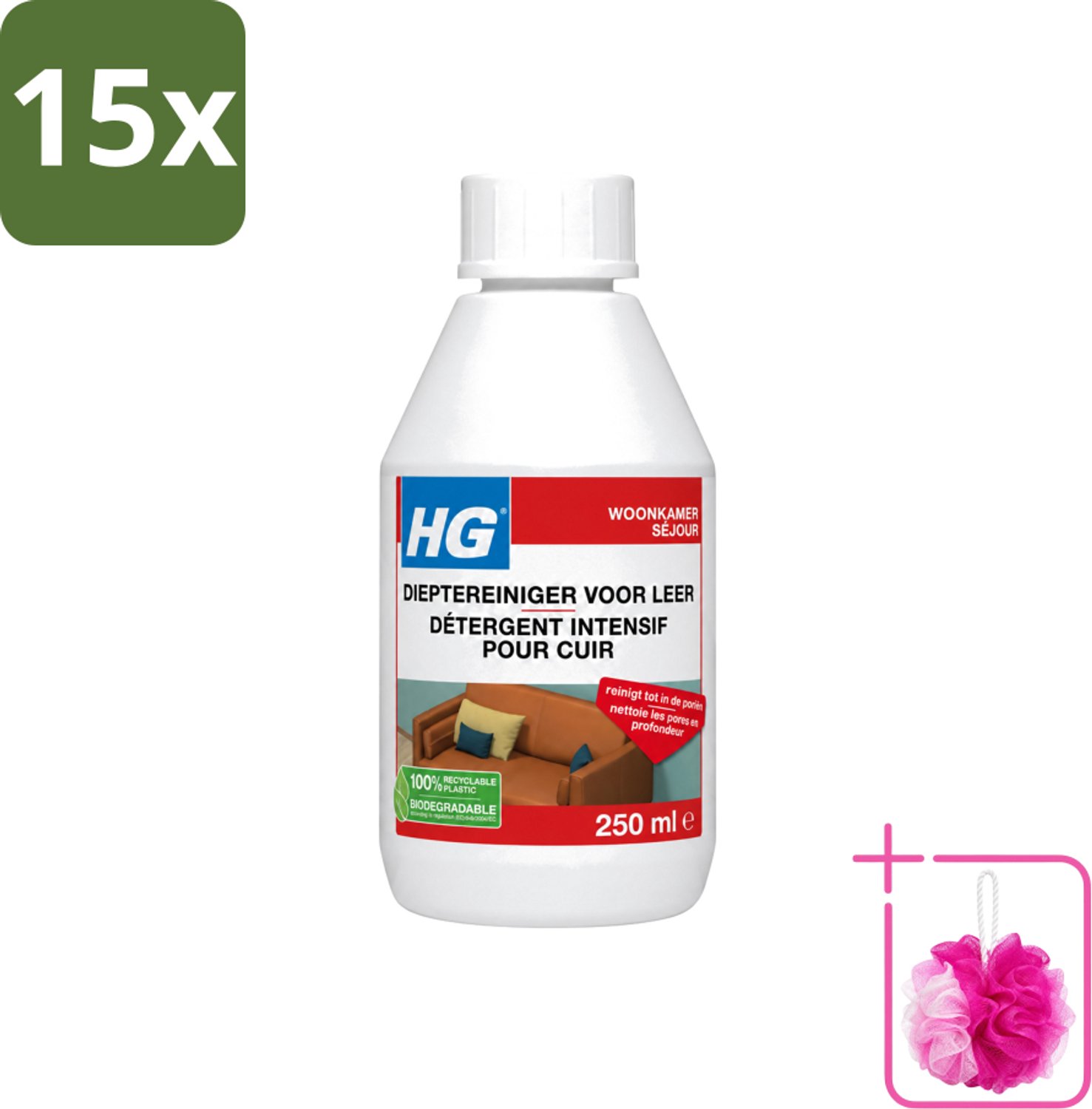 15 x HG - Dieptereiniger Voor Leer - Veilig & Milde Reiniging - 250 ml - Bulkverpakking - Leer reinigen - Douchemop - Leer reiniger