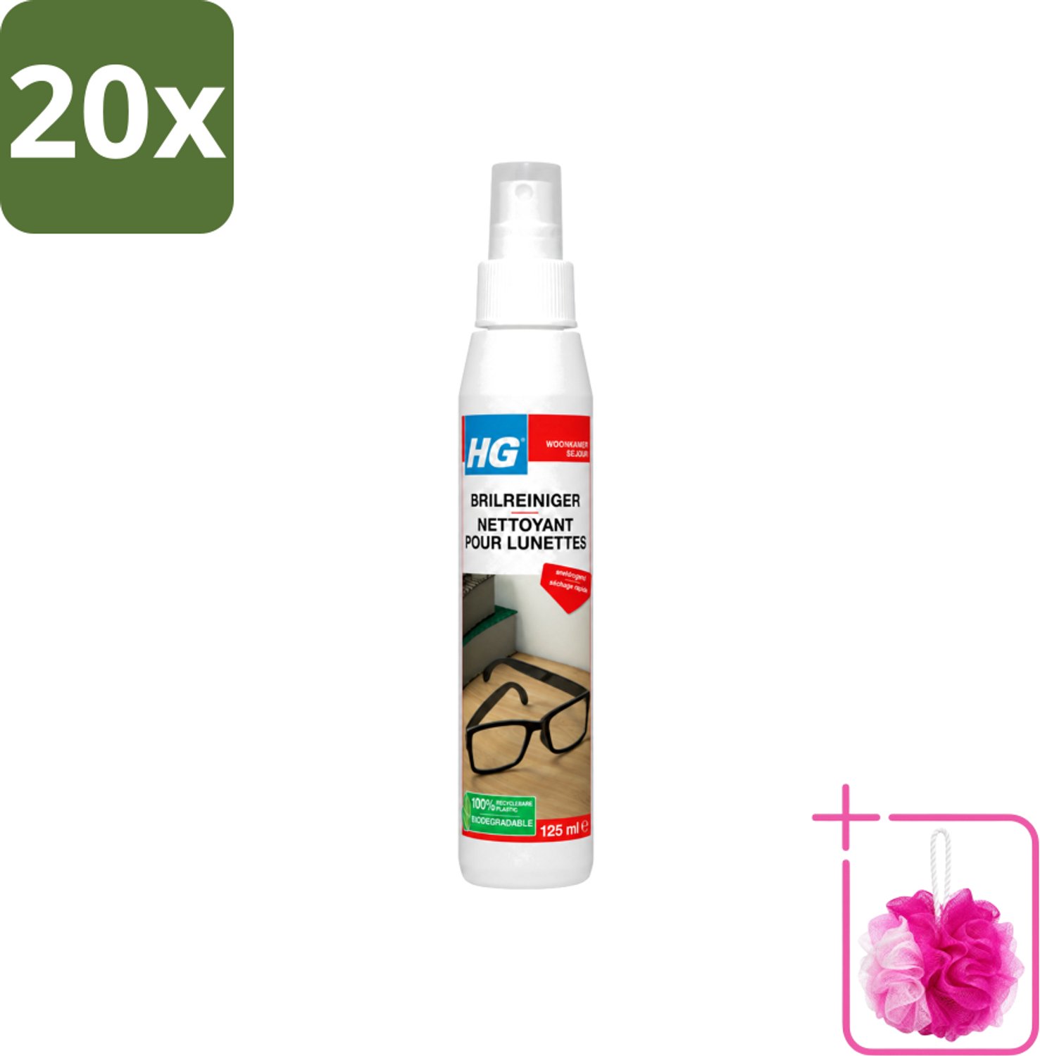 20 x HG - Brilreiniger - Voor Glasheldere Lenzen - 125 ml - Bulkverpakking - Bril reinigen - Douchemop - Glas reinigen