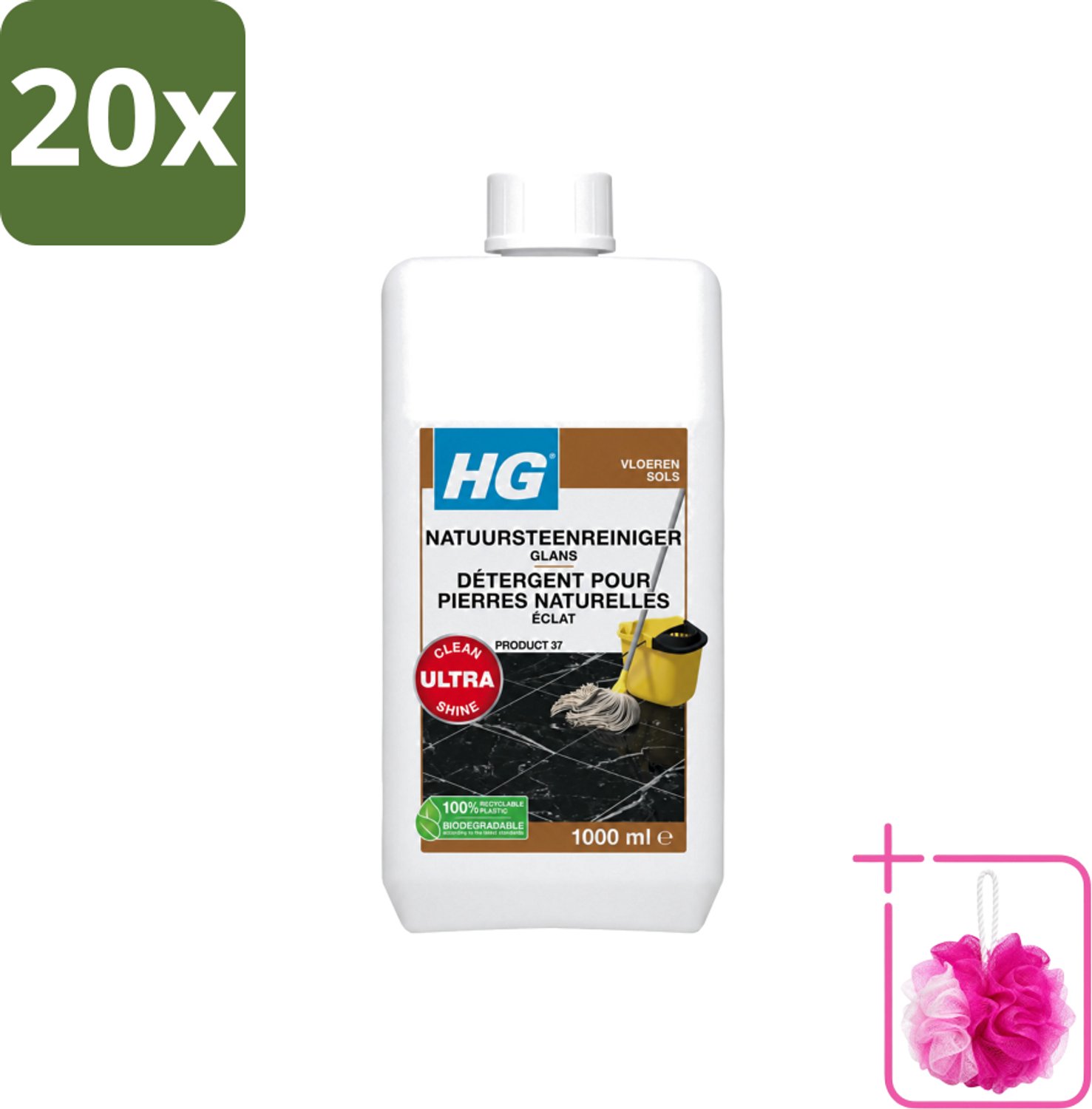 20 x HG - Natuursteenreiniger Glans - Ultra Glans - 20 Dweilbeurten - 1L - Bulkverpakking - Natuursteen reinigen - Douchemop - Marmer reinigen