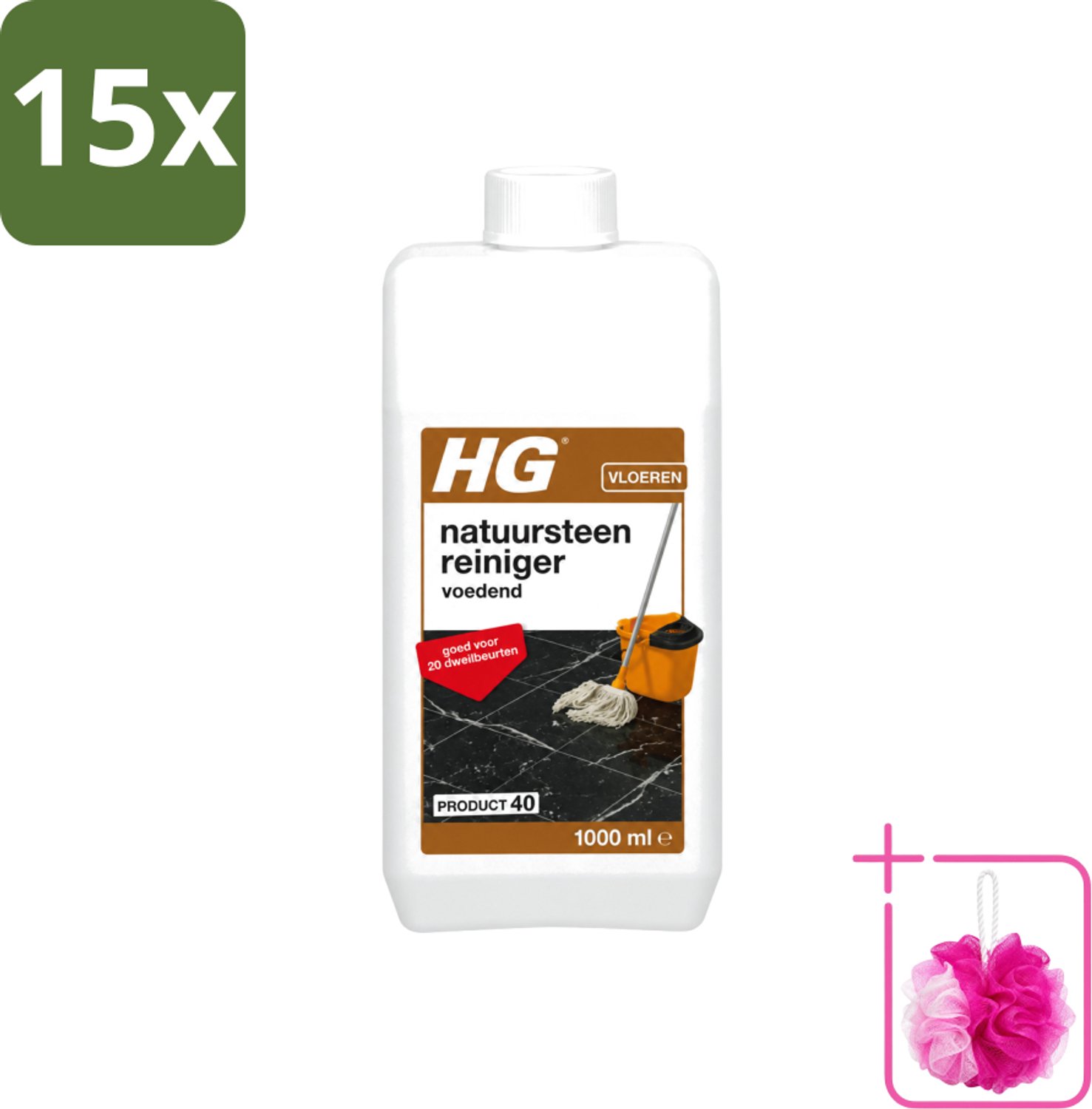 15 x HG - Natuursteenreiniger - Hydraterend - Voor Regelmatige Reiniging - 20 Dweilbeurten - 1L - Bulkverpakking - Natuursteen reinigen - Douchemop - Marmer reinigen
