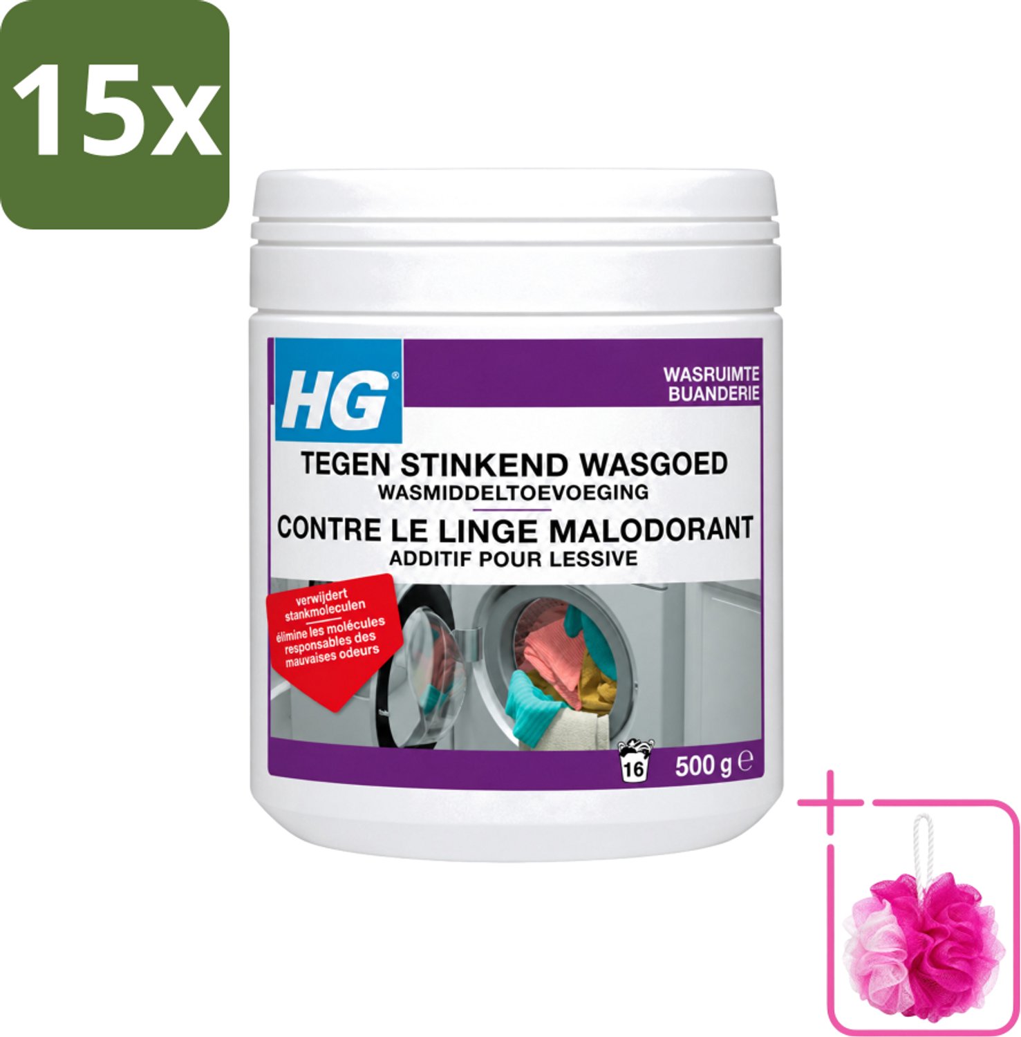15 x HG - Wasruimte - Tegen Stinkend Wasgoed - Wasmiddeltoevoeging - 500 g - Bulkverpakking - Wasmiddel tegen stank - Douchemop - Stinkend wasgoed