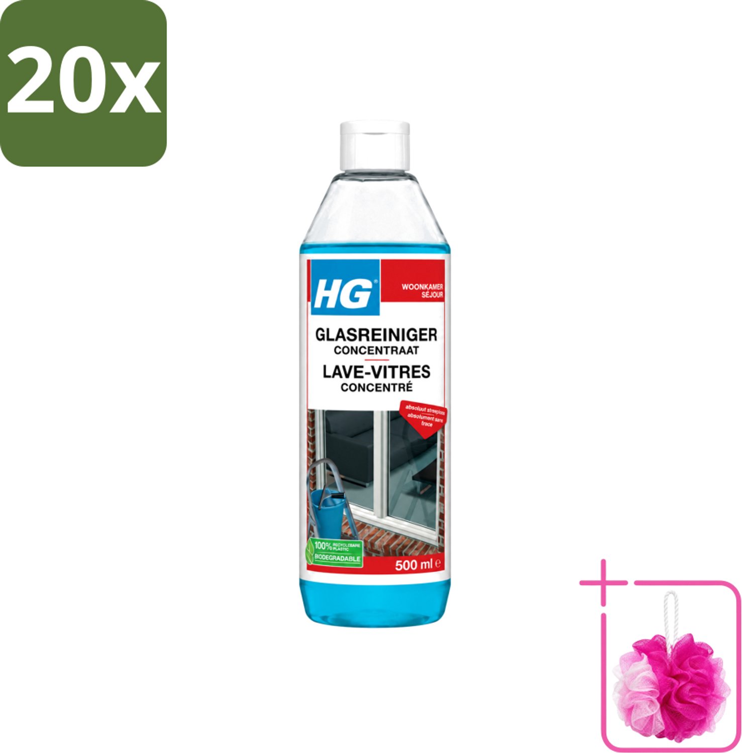 20 x HG - Glasreiniger Concentraat - Streeploos Schoon - 12 Schoonmaakbeurten - 500 ml - Bulkverpakking - Glas reinigen - Douchemop - Streeploos reinigen