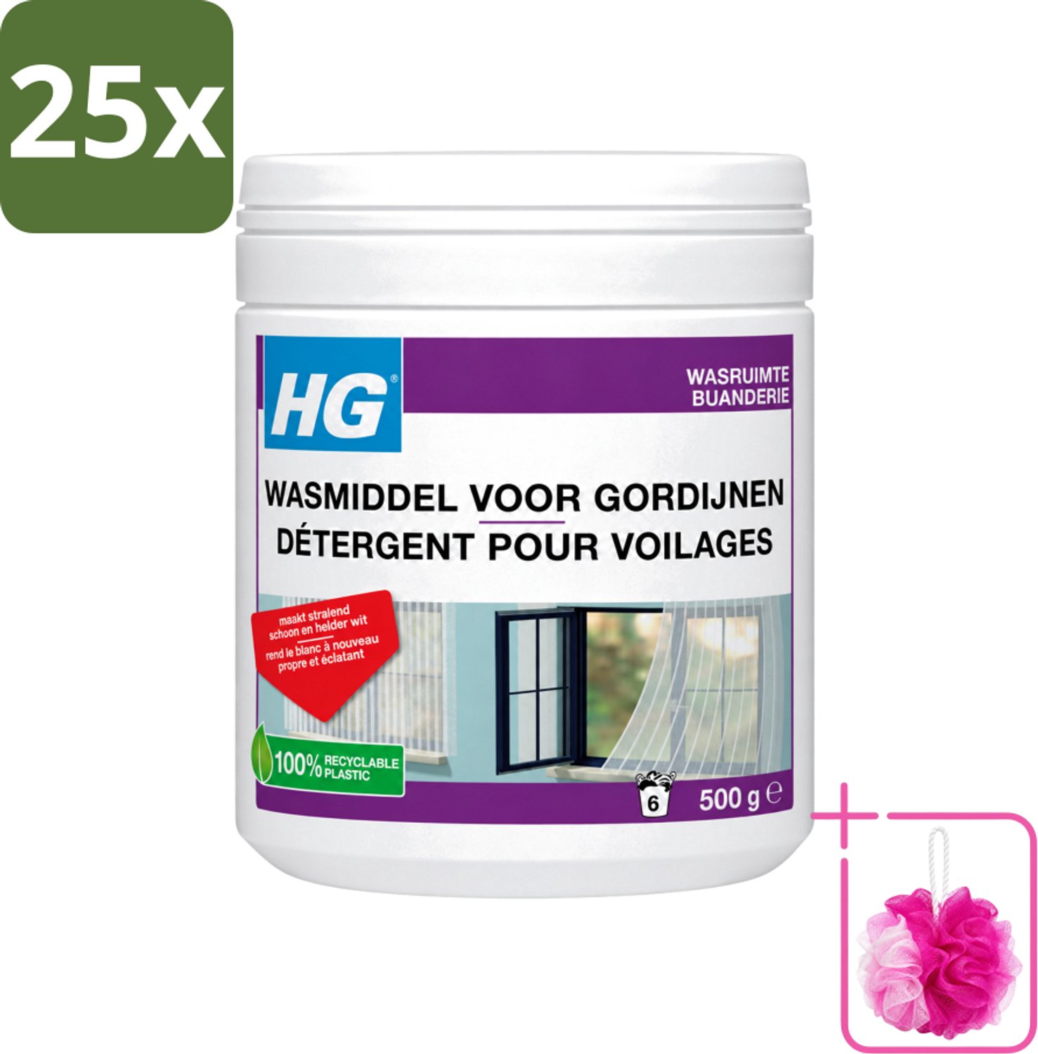 25 x HG - Wasruimte - Wasmiddel Voor Gordijnen - 500 g - Bulkverpakking - Wasmiddel vitrage - Douchemop - Reinigen vitrage