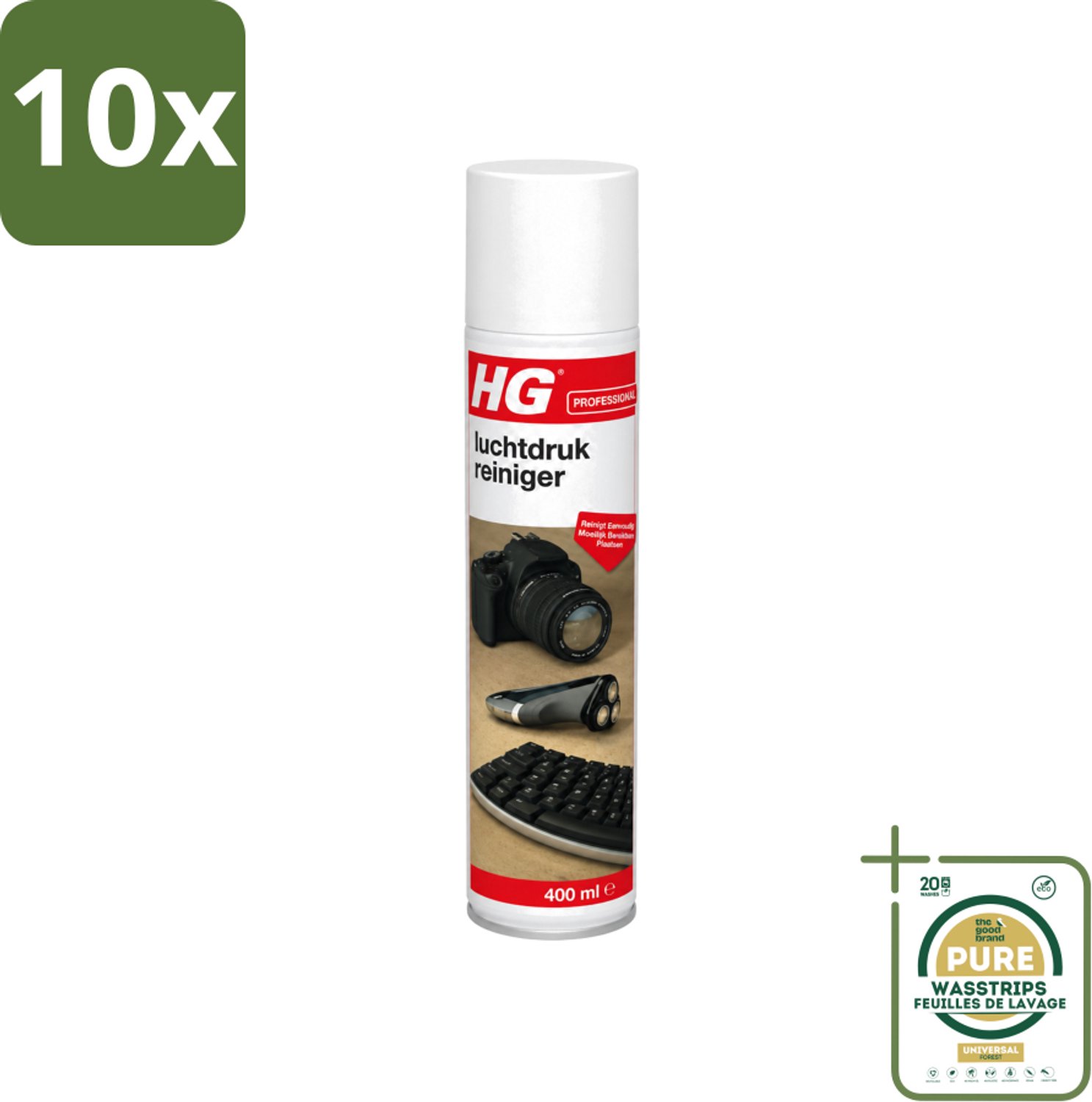 10 x HG - Luchtdrukreiniger - Reinigt Eenvoudig Moeilijk Bereikbare Plaatsen - 400 ml - Wasstrips - Luchtdrukreiniger - Stof Verwijderen - Losse Vervuiling - Toetsenbord Reinigen - Printer Reinigen