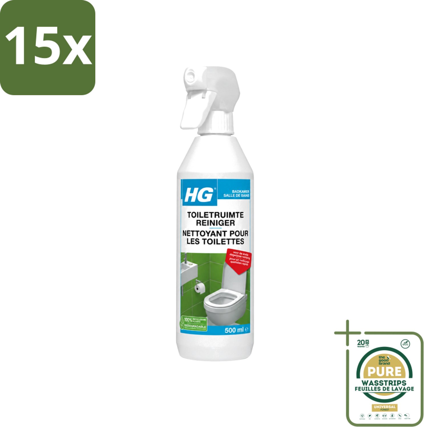 15 x HG - Badkamer - Toiletruimte Reiniger - Snelle Dagelijkse Reiniging - 500 ml - Wasstrips - Toiletruimte Reinigen - Toiletruimte Reiniger - Toilet Reinigen - Toilet Reiniger - Hygiëne