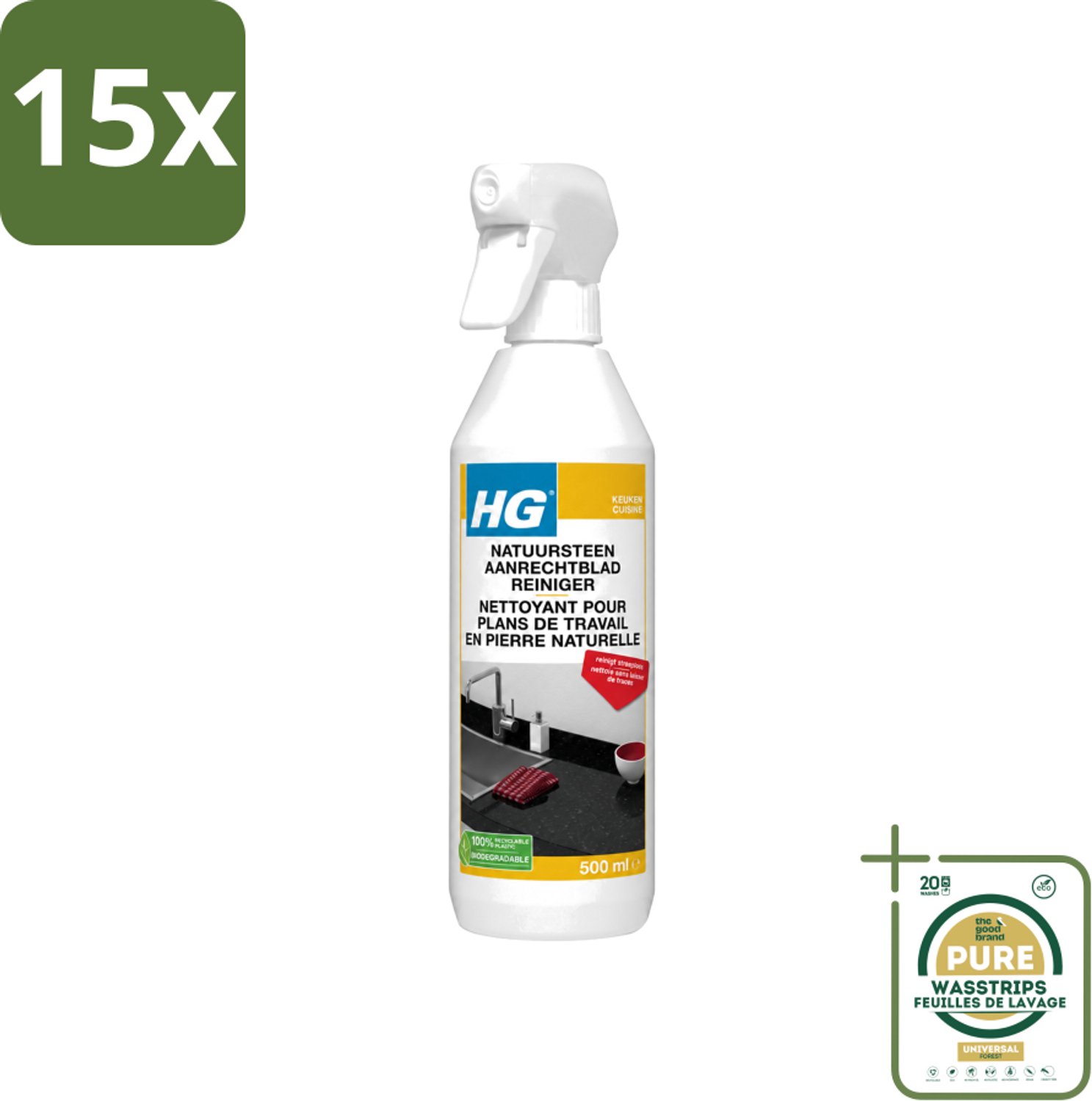 15 x HG - Natuursteen Aanrechtblad Reiniger - Reinigt Streeploos - 500 ml - Wasstrips - Natuursteen Aanrechtblad Reinigen - Natuursteen Reinigen - Graniet Reinigen - Marmer Reinigen - Hardsteen Reinigen