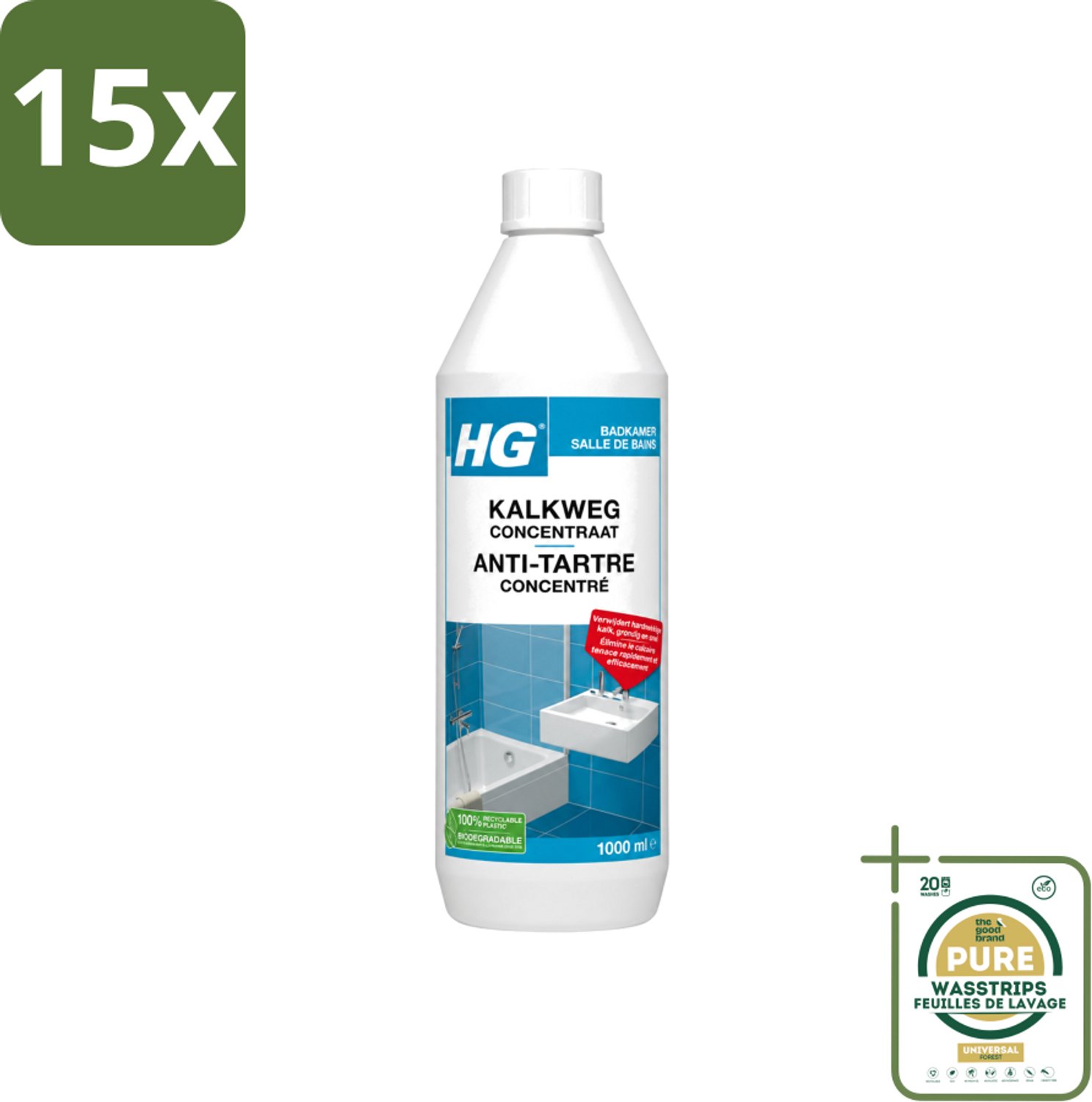 15 x HG - Badkamer - Kalkweg Concentraat - Verwijdert Hardnekkige Kalk - 1L - Wasstrips - Kalk Weg - Kalk Verwijderen - Roestvlekken Verwijderen - Kalksteen Verwijderen - Badkamer Reinigen