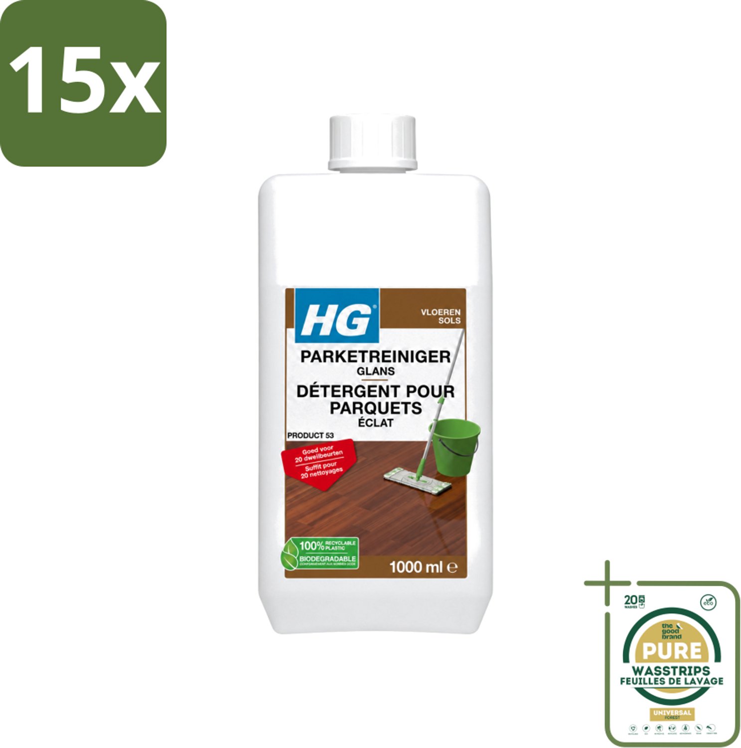 15 x HG - Vloeren - Parketreiniger Glans - 20 Dweilbeurten - 1L - Wasstrips - Parket Reinigen - Parket Glans Herstellen - Parket Reiniger - Parketvloer Reinigen - Parketvloer Beschermen