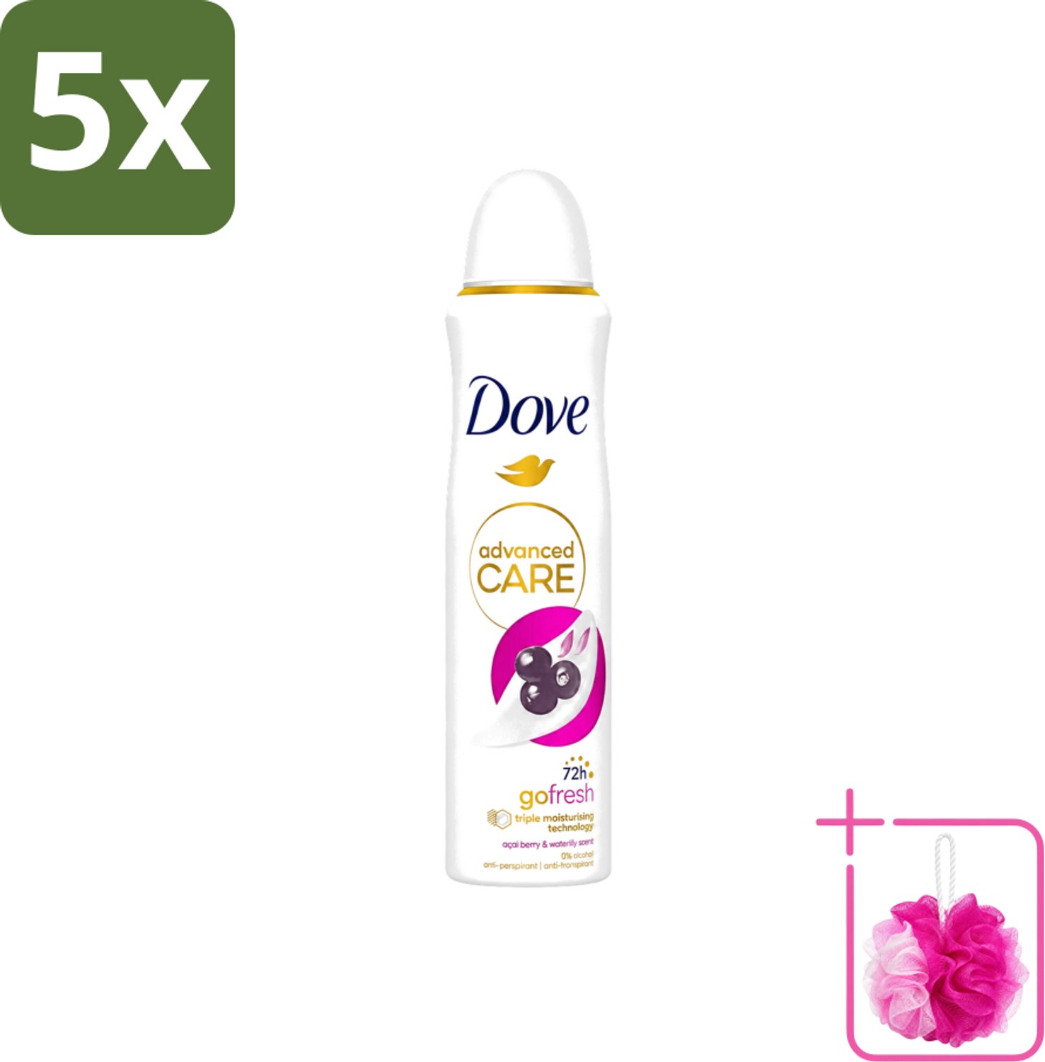 5 x Dove - Deospray - Acai Bes & Waterlelie - 150 ml - Bulkverpakking - Acai Bes & Waterlelie Deospray - Douchemop - Deospray oksels