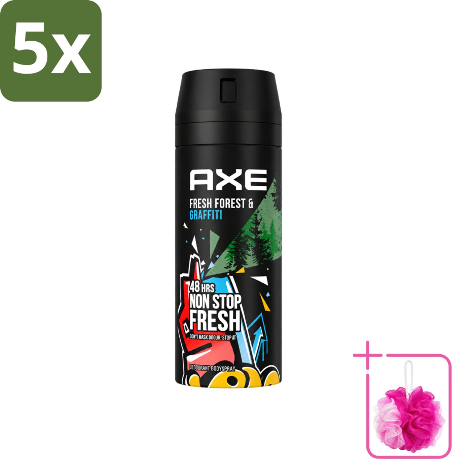 5 x Axe - Deodorant Bodyspray - 48hrs Fresh - Fresh Forest & Graffiti - 150 ml - Bulkverpakking - 48 uur bescherming - Douchemop - Deodorant sprayer
