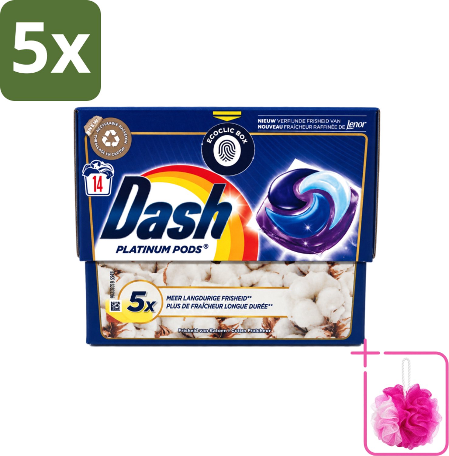 5 x Dash Platinum - Wasmiddel Capsules - Witte en Gekleurde Was - Frisheid van Katoen - 14 Wasbeurten - Bulkverpakking - Wasmiddel - Douchemop - Wascapsules