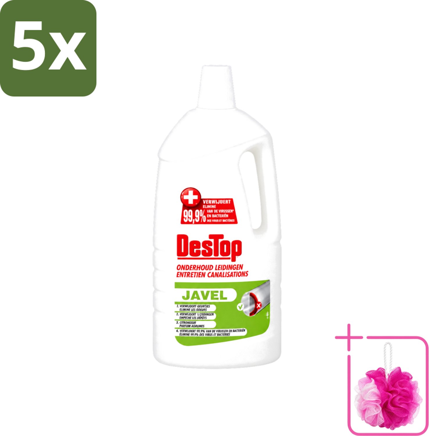 5 x DesTop - Onderhoud Leidingen - Javel - 4-in-1 Werking - Citroengeur - 1,5L - Bulkverpakking - Leidingen reinigen - Douchemop - Leidingen onderhouden