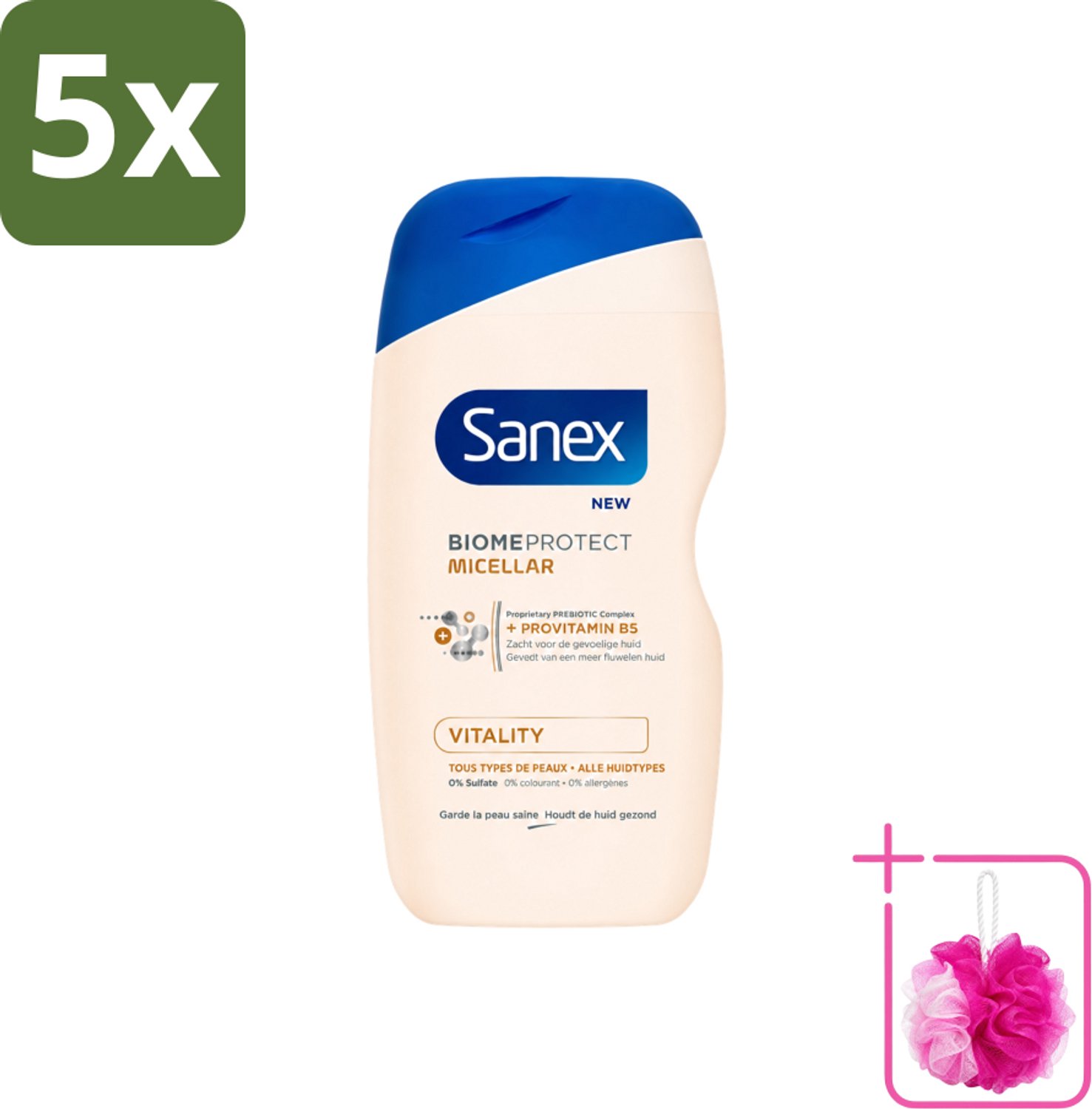 5 x Sanex - BiomeProtect Micellair - Douchegel - Vitaliteit - 0% Sulfaat - Alle Huidtypes - 400 ml - Bulkverpakking - Huid reinigen - Douchemop - Micellaire douchegel