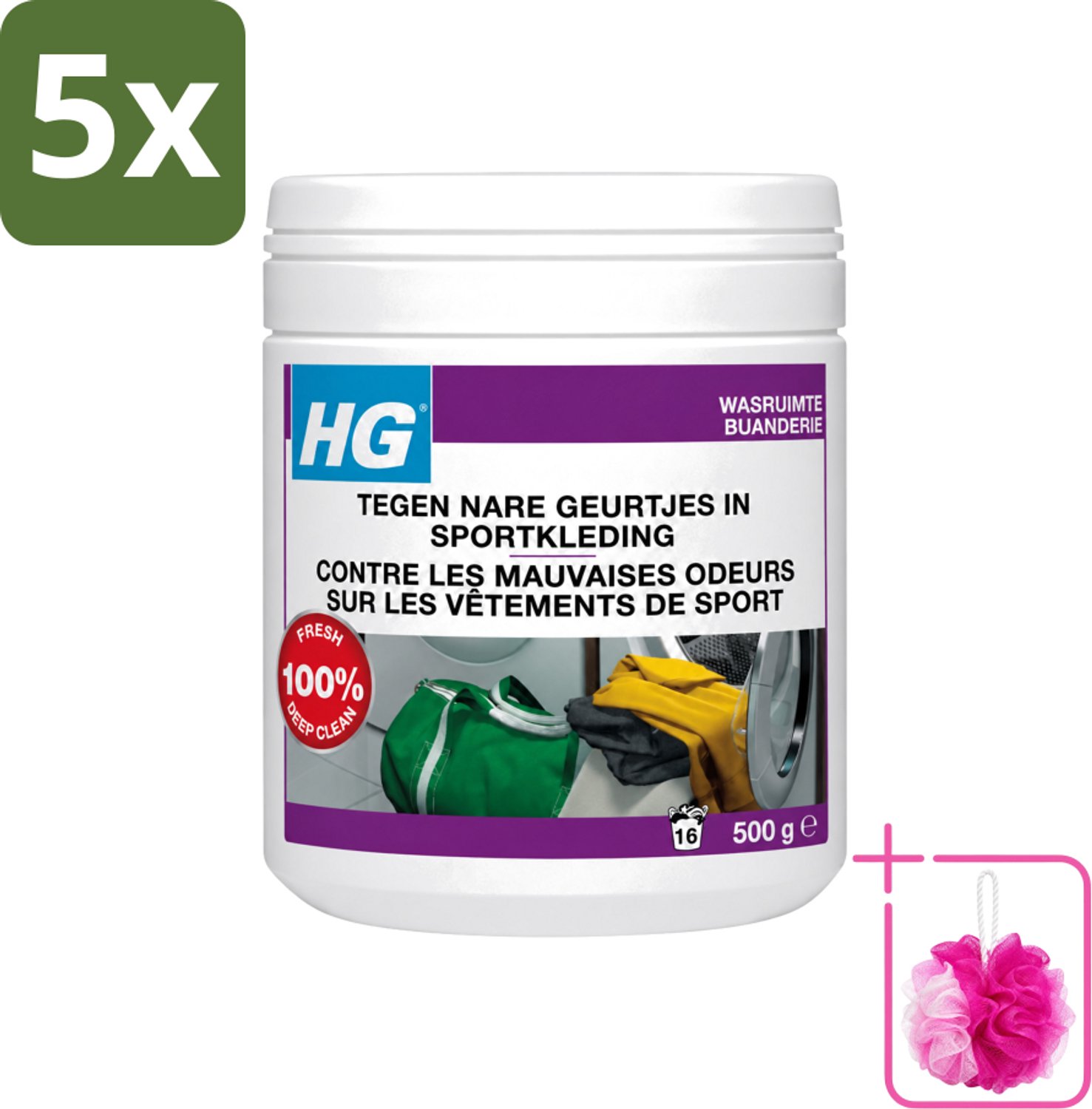 5 x HG - Wasruimte - Tegen Nare Geurtjes In Sportkleding - Wasmiddeltoevoeging - 500 g - Bulkverpakking - Geurverwijdering sportkleding - Douchemop - Stankmoleculen verwijderen