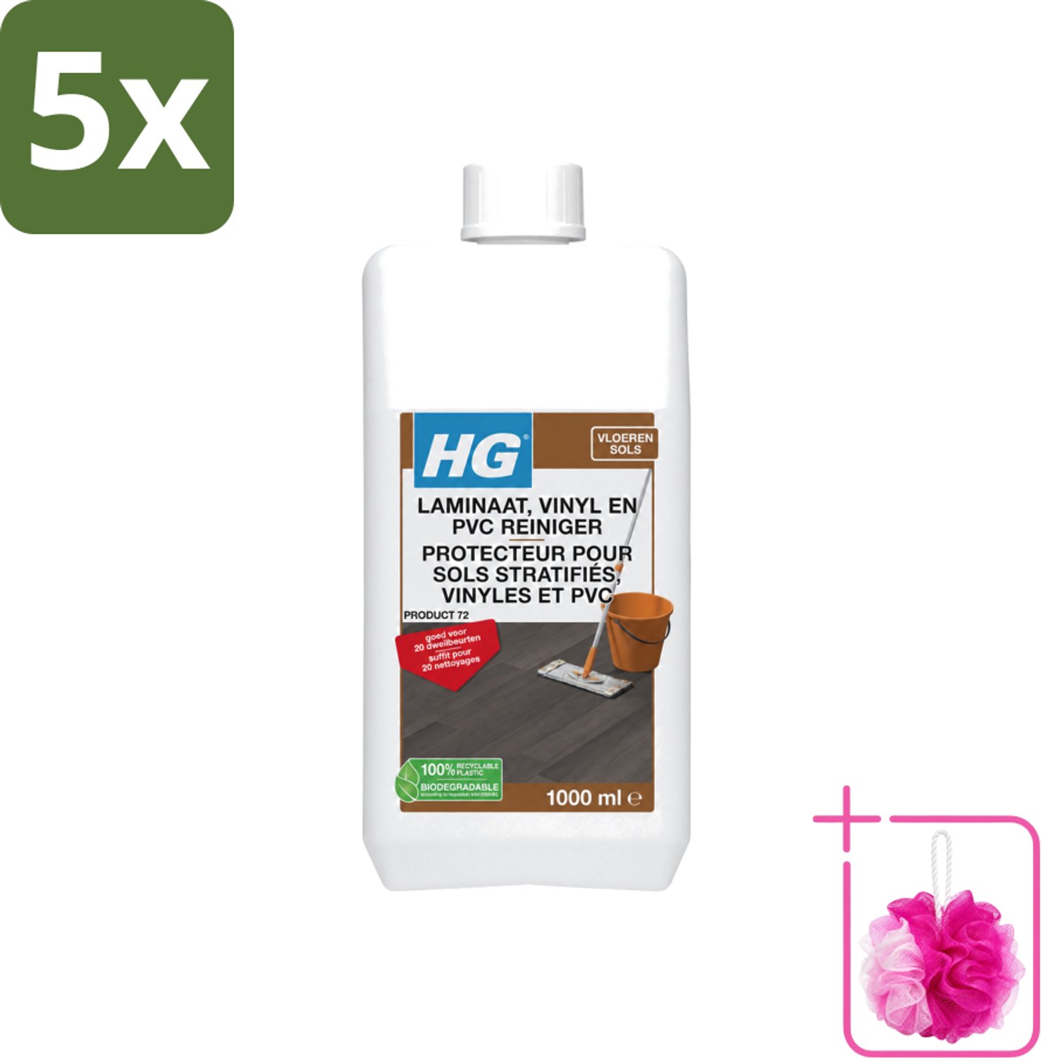 5 x HG - Laminaat, Vinyl & PVC Reiniger - Frisse Geur - Reinigt Streeploos - 20 Dweilbeurten - 1L - Bulkverpakking - Laminaatreiniger - Douchemop - Vloerreiniger