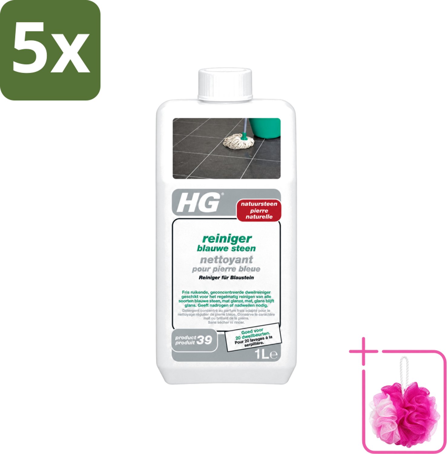 5 x HG - Blauwe Steen Reiniger - Reinigt Veilig & Streeploos - 20 Dweilbeurten - 1L - Bulkverpakking - Blauwe steen reinigen - Douchemop - Natuursteen reinigen