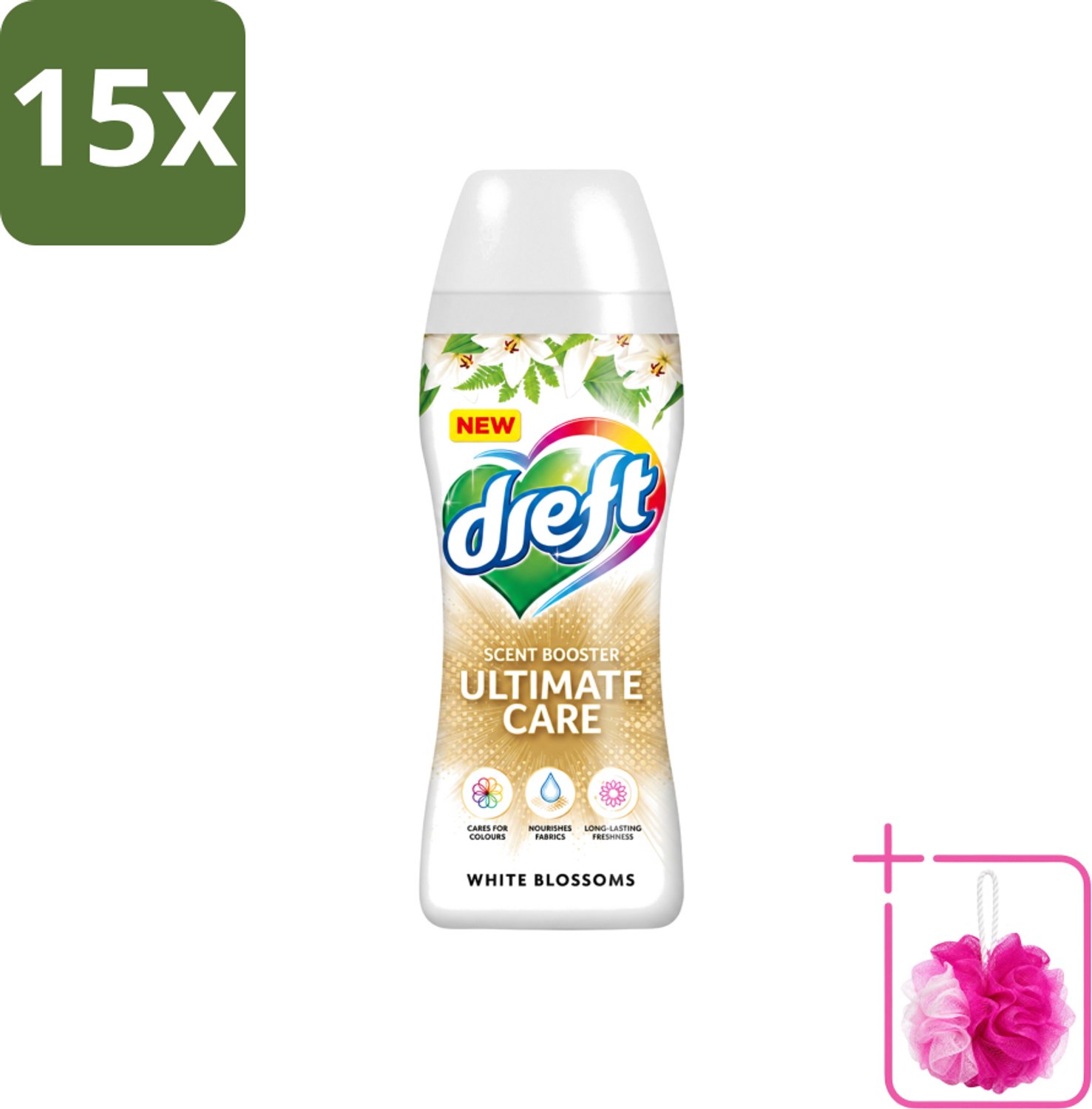 15 x Dreft - Ultimate Care - Wasverzachter - Geurbooster - Gekleurde Was - Witte Bloem - 15 Wasbeurten - Bulkverpakking - Wasmiddel - Douchemop - Geurbooster
