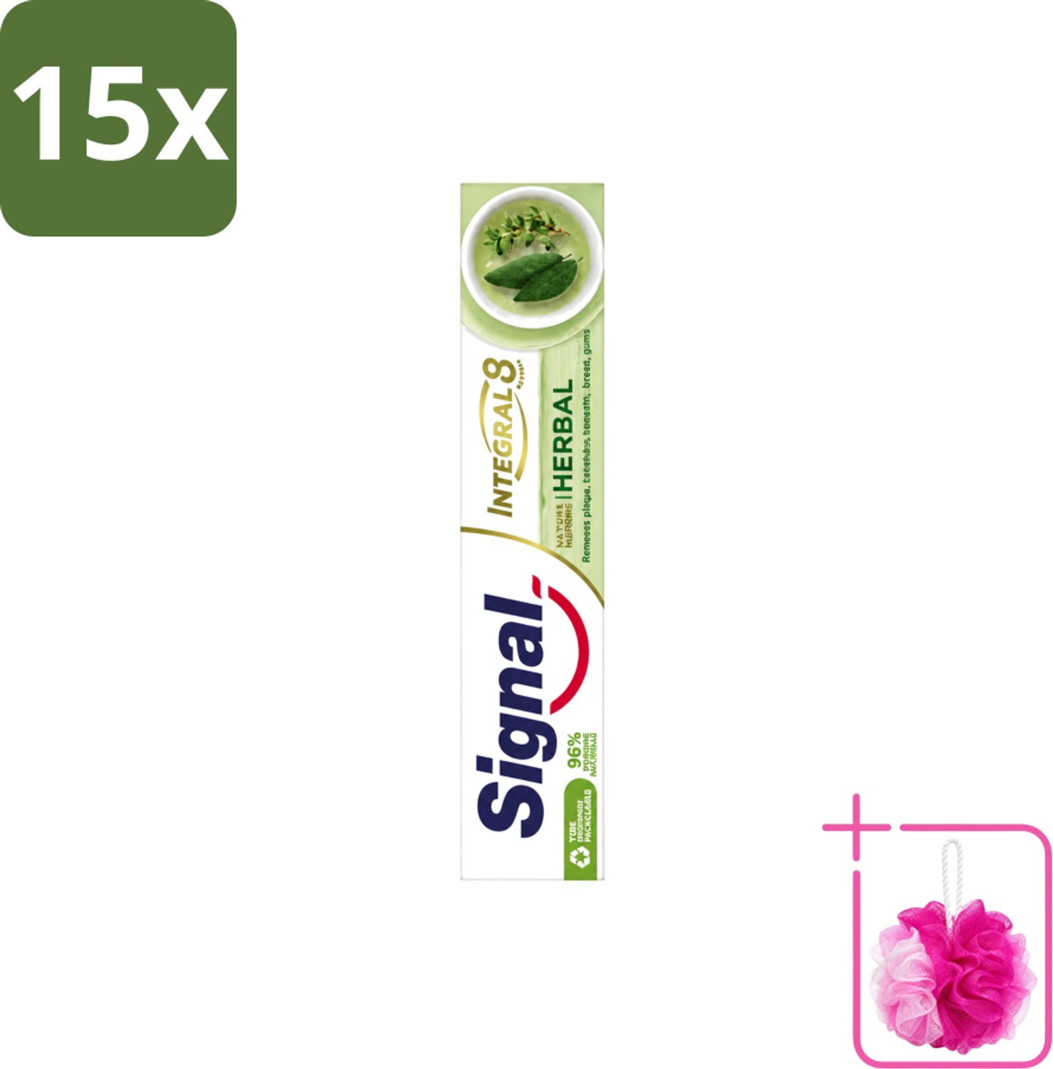15 x Signal - Integral & Actions - Tandpasta - Natuurlijke Kruiden - Gerecyclede Verpakking - 75 ml - Bulkverpakking - Tandpasta - Douchemop - Natuurlijke kruiden