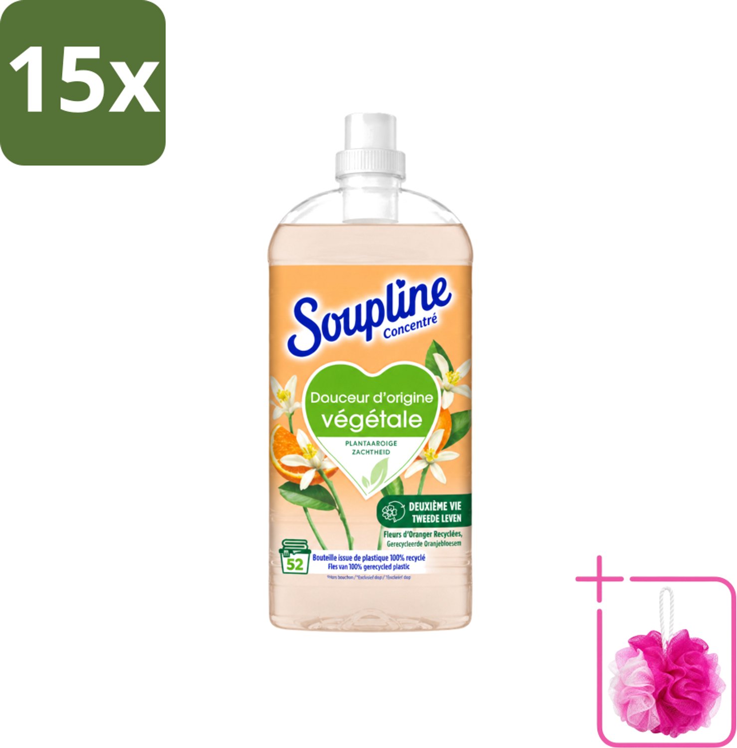 15 x Soupline - Wasverzachter - Oranjebloesem - 52 Wasbeurten - 1.3L - Bulkverpakking - Wasverzachter - Douchemop - Plantaardige zachtheid