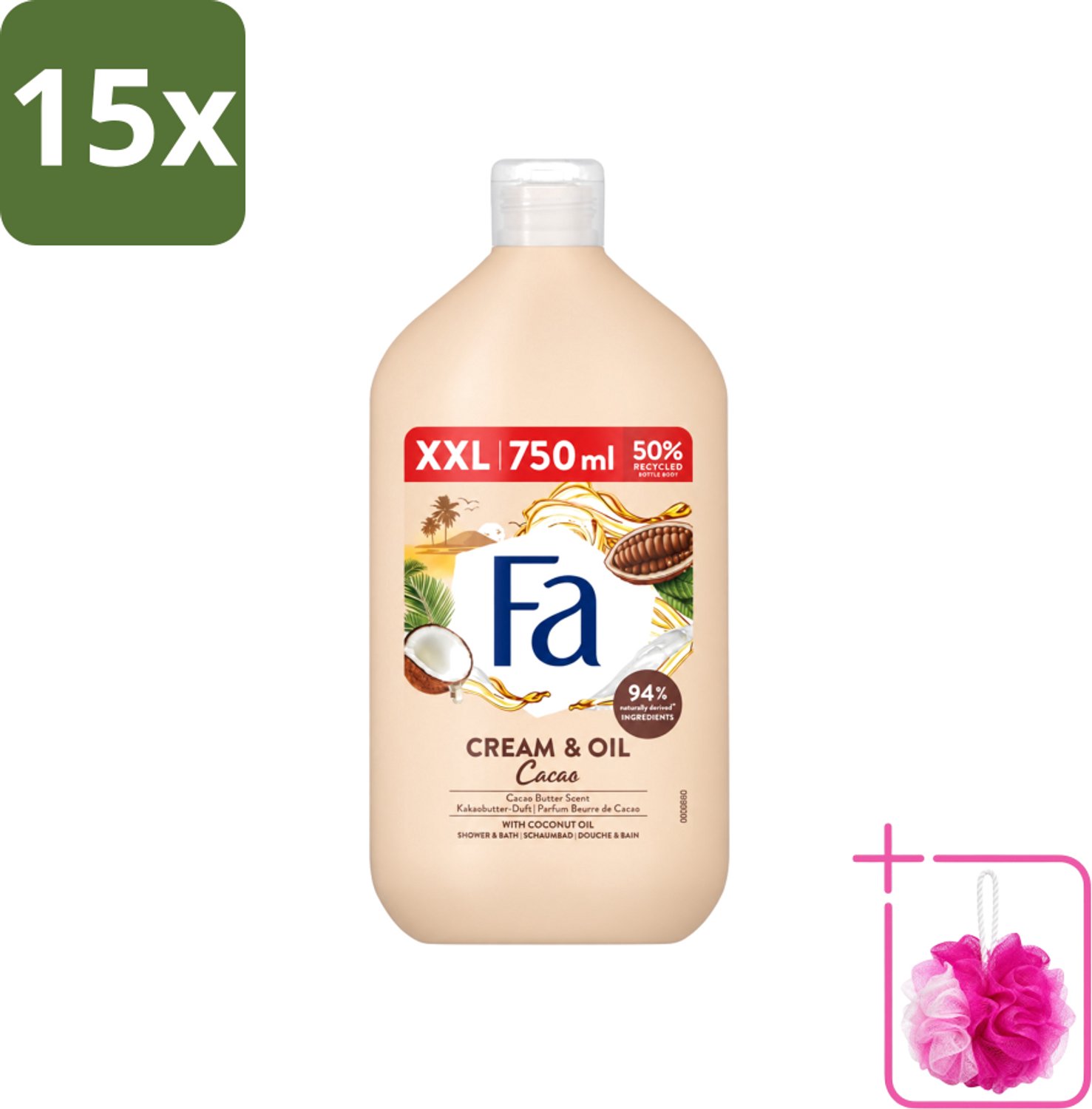 15 x Fa - Cream & Oil Cacao - Bad- & Douchegel - Cacaoboter Met Kokosolie - 750 ml - Bulkverpakking - Bad en douche gel - Douchemop - Cacaoboter