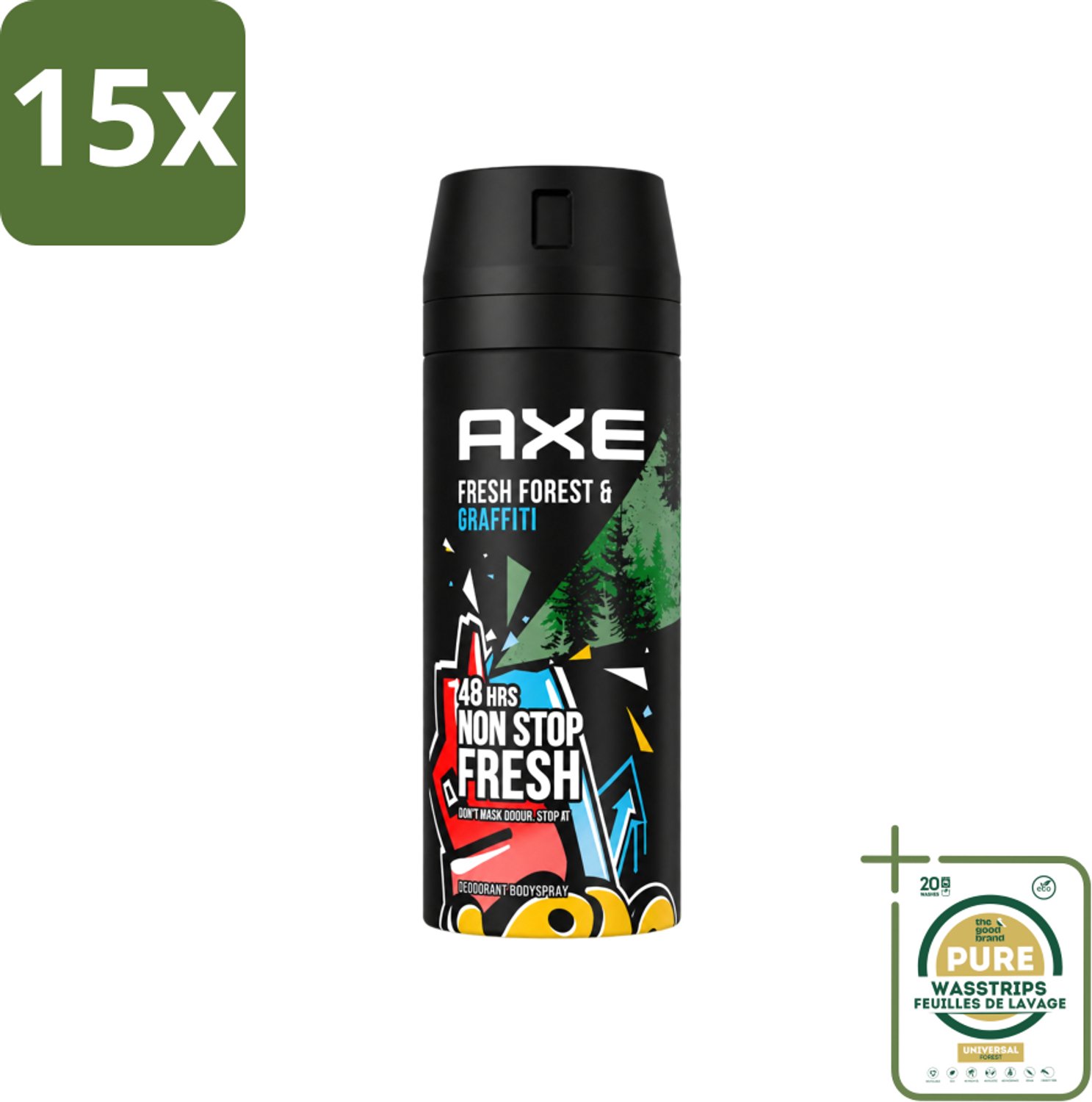 15 x Axe - Deodorant Bodyspray - 48hrs Fresh - Fresh Forest & Graffiti - 150 ml - Wasstrips - 48 Uur Bescherming - Deodorant Sprayer - Frisheid - Geur - Zweet