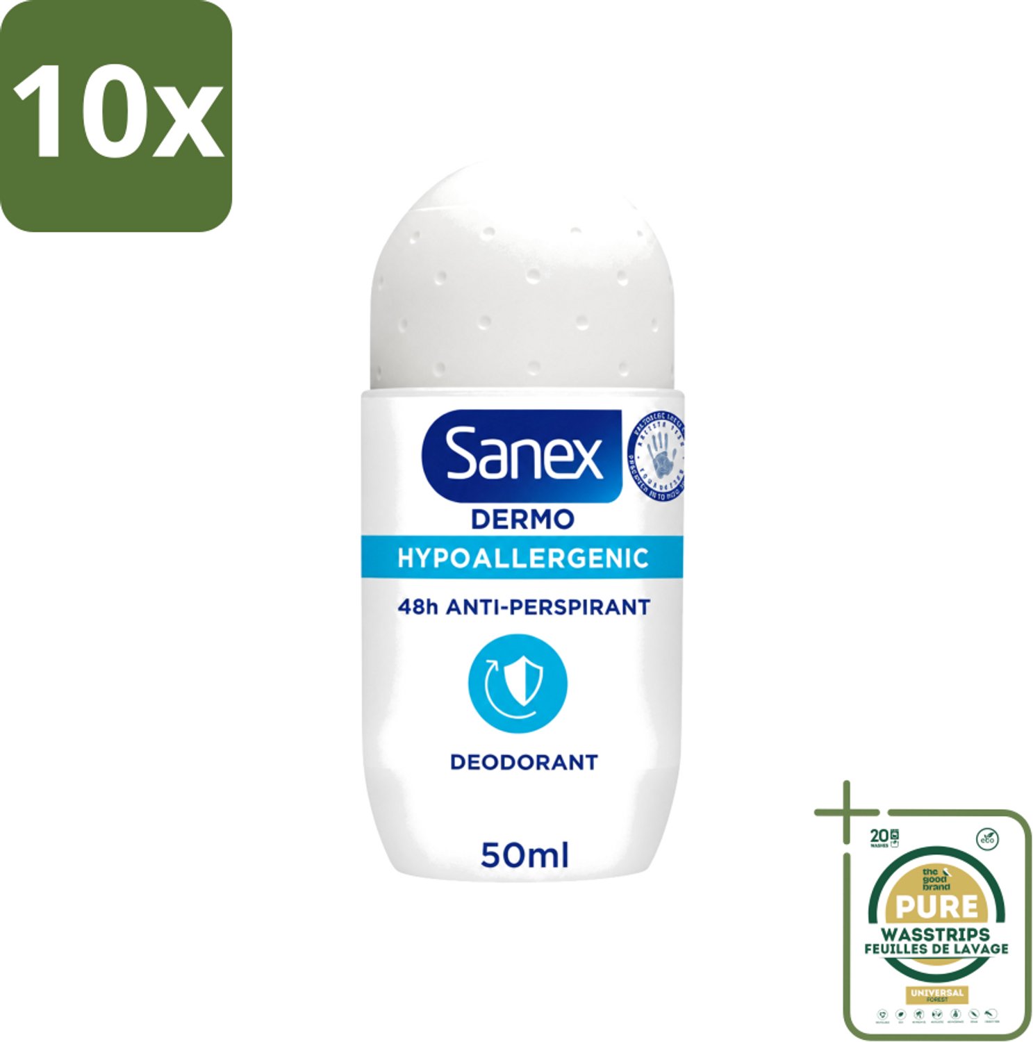 10 x Sanex Dermo - Deodorant Roller - Hypoallergeen - 48h Anti-Transpirant - 50 ml - Wasstrips - Deodorant Roller - Hypoallergeen Deodorant - 48h Bescherming - Transpiratie Bescherming - Lichaamsgeur Bestrijding