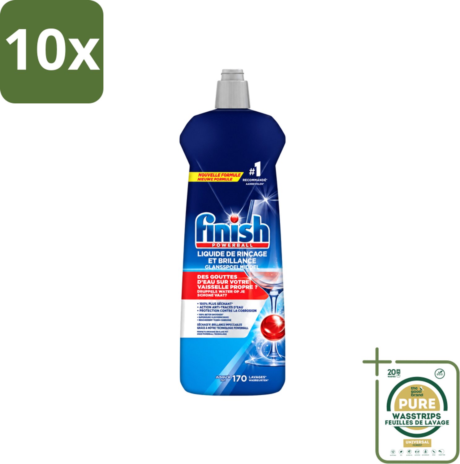 10 x Finish Powerball - Glansspoelmiddel - Anti-Corrosie & Anti-Vervaging - 170 Afwasbeurten - 800ml - Wasstrips - Glansspoelmiddel - Vaatwasmiddel - Anti-kalk - Anti-corrosie - Glans