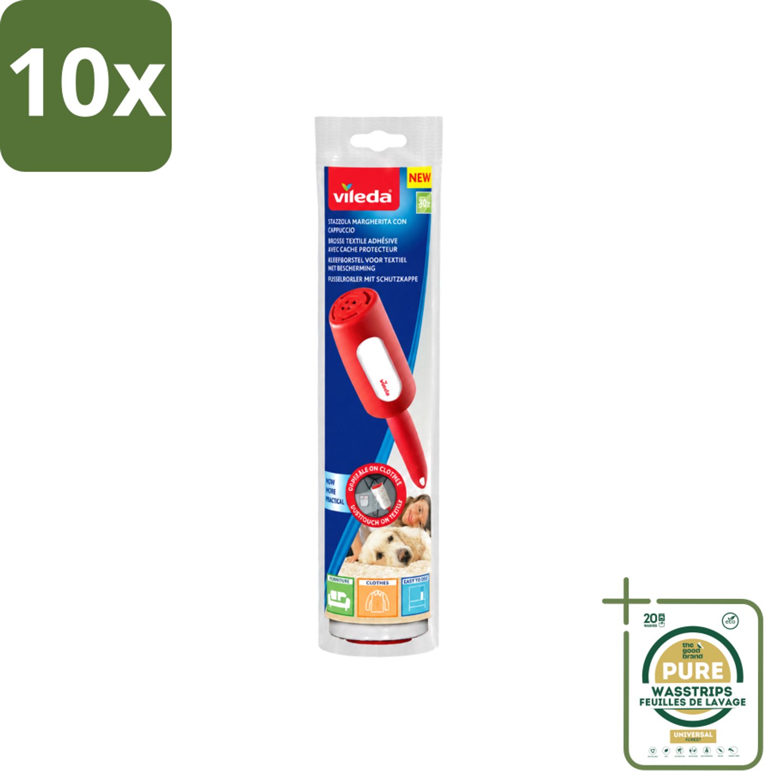 10 x Vileda - Lintroller - Pluisverwijderaar - Inclusief Beschermkap - 30 Vellen - Wasstrips - Pluisverwijderaar - Pluisjes Verwijderen - Stofdeeltjes Verwijderen - Haren Verwijderen - Textiel Reinigen