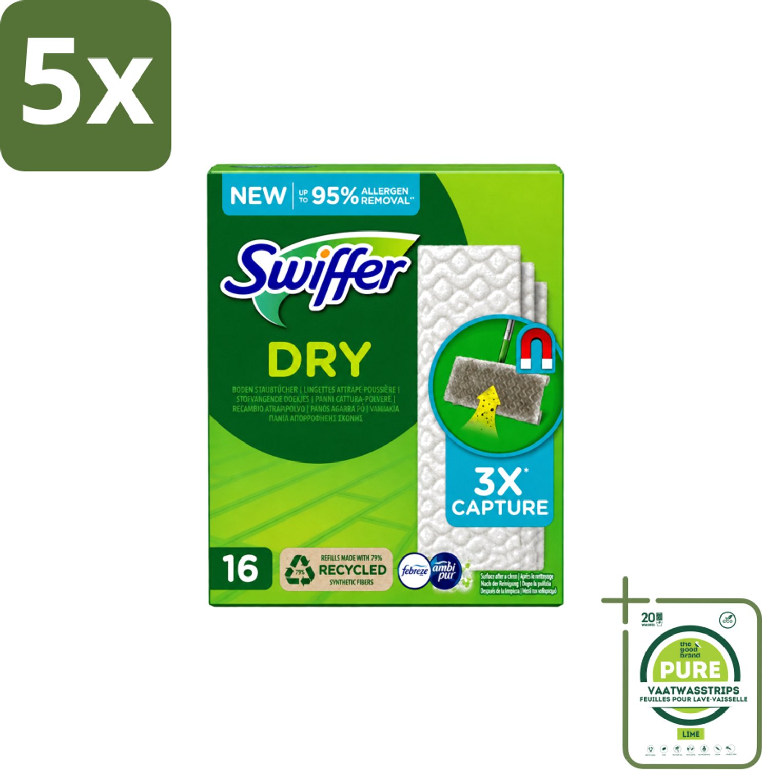 5 x Swiffer – Vloerdoekjes – Dry Navullingen – 16 doekjes - Grootverpakking - Vaatwasstrips - Vloerreiniger - Droge Doekjes - Stofzuiger - Haren Verwijderen - Vloer Reinigen