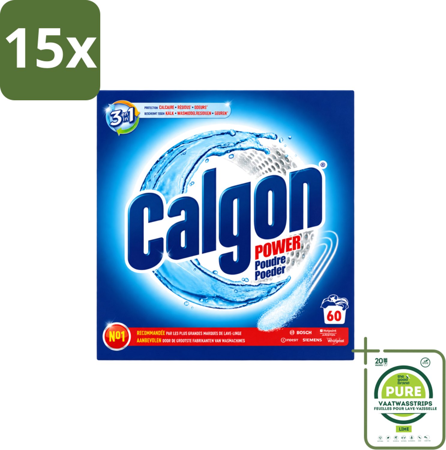 15 x Calgon – Wasmachinereiniger Poeder – 3-in-1 Power Anti-Kalk – 60 doseringen - Grootverpakking - Vaatwasstrips - Wasmachine Reiniger - Anti-kalk Poeder - Kalkpreventie - Machine Geur Verwijderen - 3-in-1 Wasmachine Bescherming