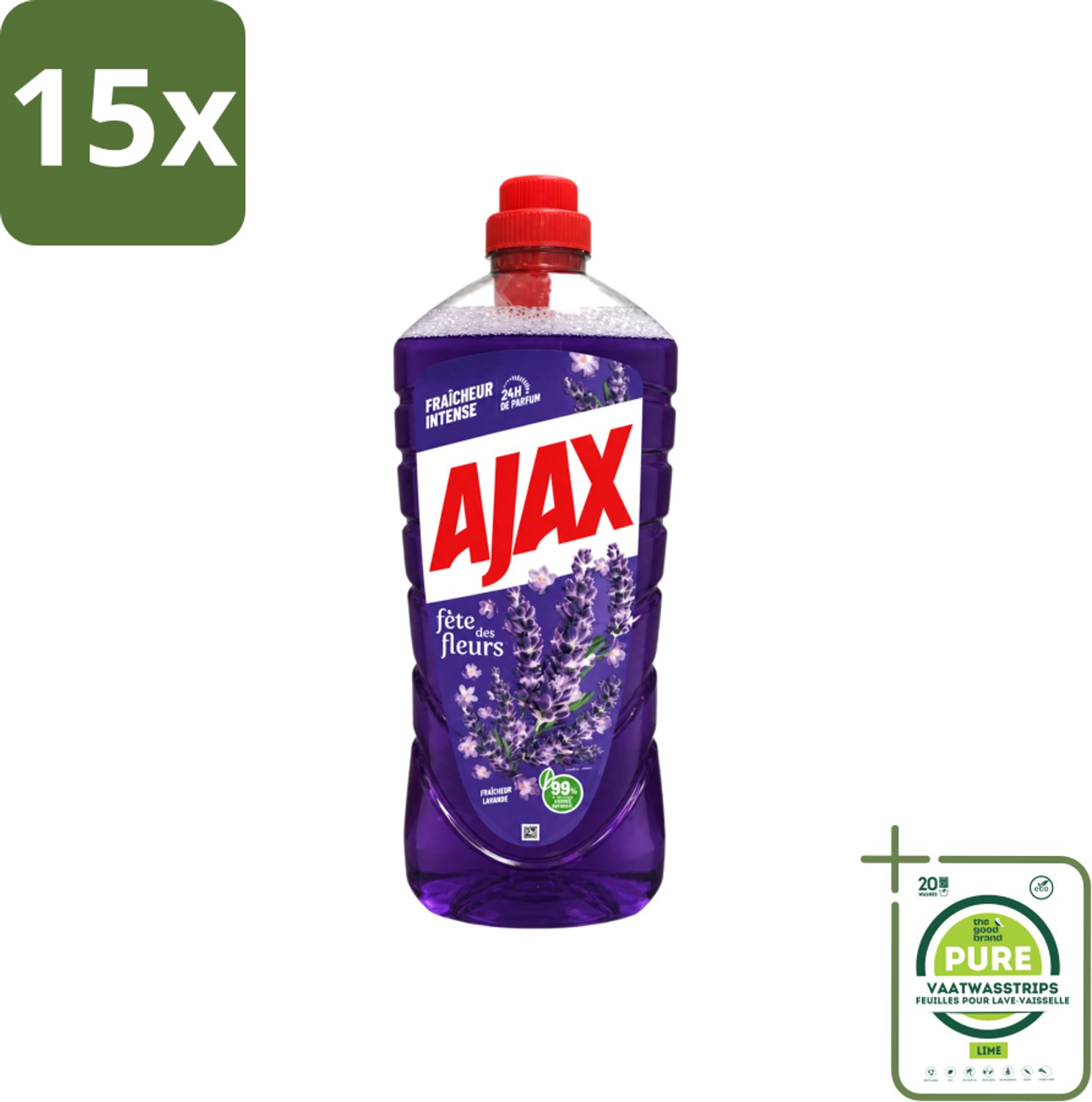 15 x Ajax – Allesreiniger – Lavendel – 1,25 L - Grootverpakking - Vaatwasstrips - Allesreiniger Lavendel - Reiniging - Vet Verwijderen - Frisse Geur - Rustgevende Geur