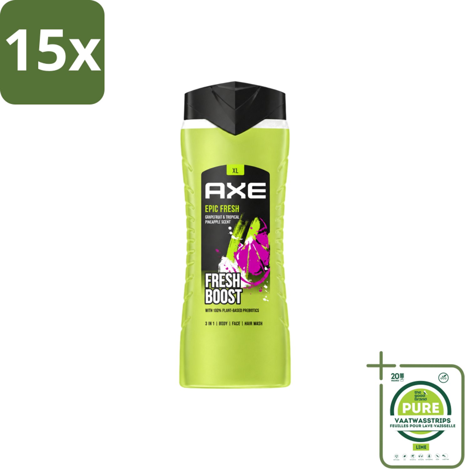 15 x AXE – Douchegel – Epic Fresh Fresh Boost 3-in-1 – 400 ml - Grootverpakking - Vaatwasstrips - Douchegel - Frisheid - Lichaam - Gezicht - Haar