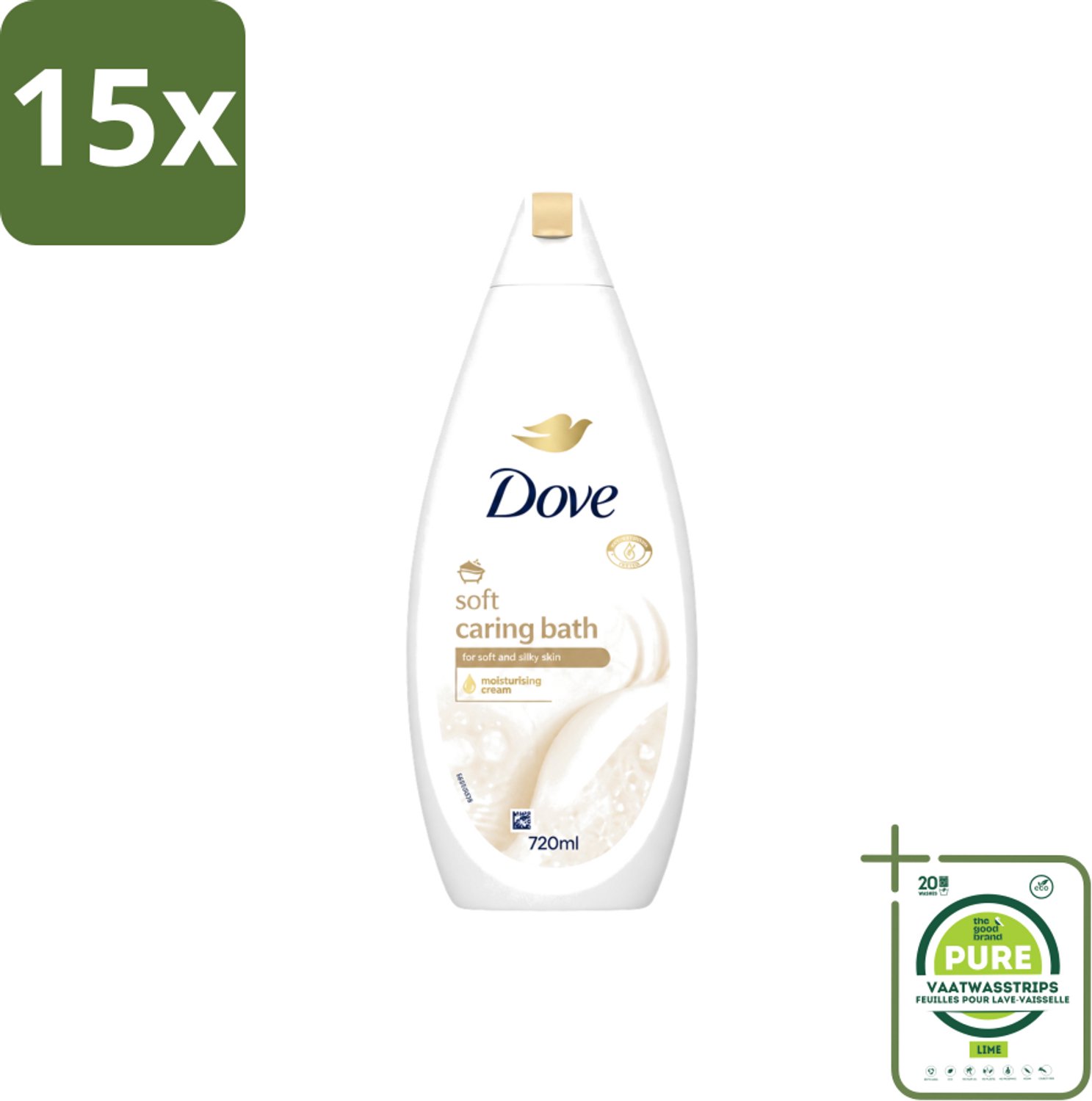 15 x Dove – Badcrème – Soft – 720 ml - Grootverpakking - Vaatwasstrips - Douchegel - Zachte Reiniging - Zijdeachtige Huid - Glycerine - Huidverzorging