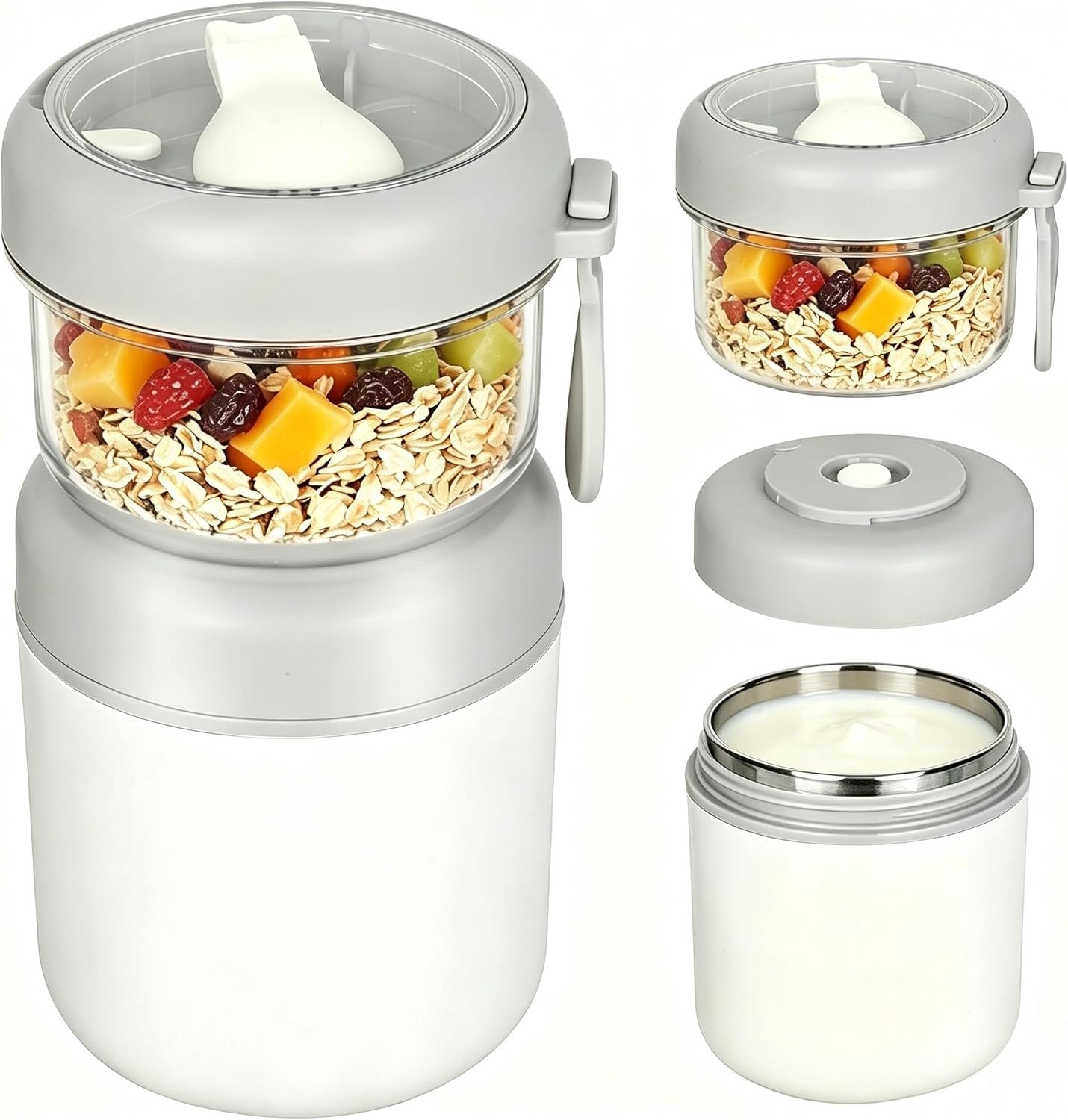 Yoghurtbeker to go 530 ml + 330 ml, mueslibeker met lepel deksel klein, broodtrommel yoghurtglazen ontbijtdoos lunchbox mueslibox yoghurt salade rijst box, musliglazen to cup