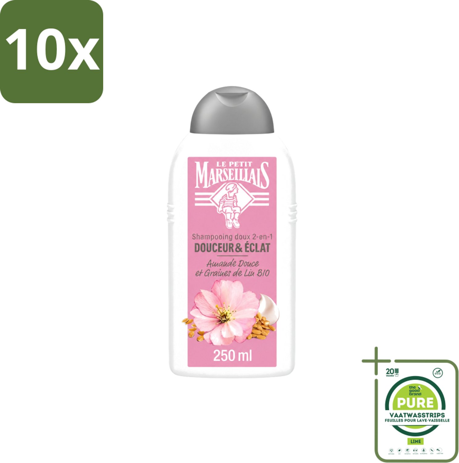 10 x Le Petit Marseillais – Shampoo – Amande Douce & Graines de Lin Bio – 250 ml - Grootverpakking - Vaatwasstrips - Shampoo Amande Douce - Shampoo Linzaad - Shampoo Bio - Shampoo Voor Fijn Haar - Shampoo Voor Normaal Haar
