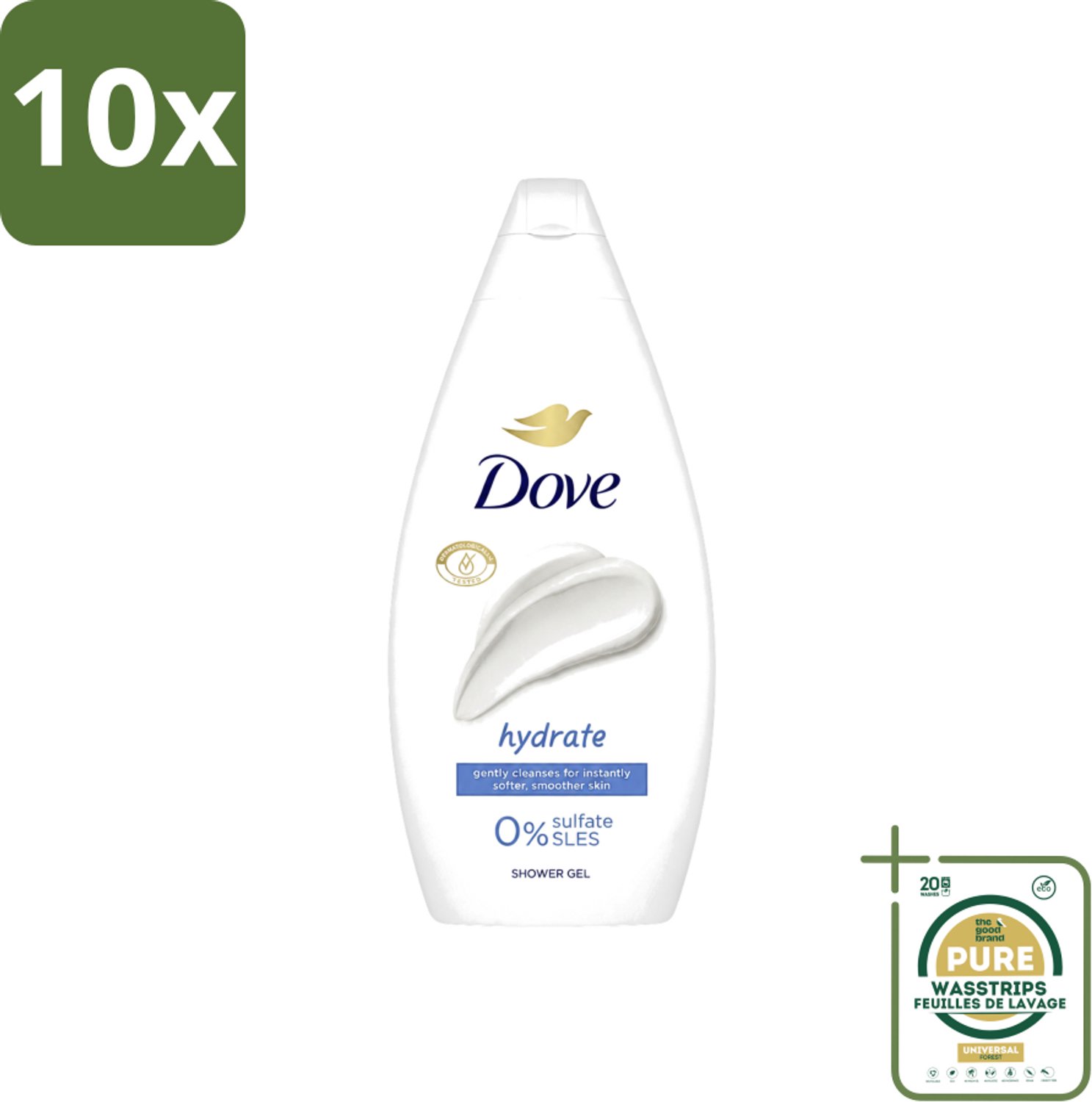10 x Dove Hydrate - Douchegel - Sulfaatvrij - 250 ml - Wasstrips - Hydraterende Douchegel - Sulfaatvrije Douchegel - Zachte Huid - Huidverzorging - Huidhydratatie