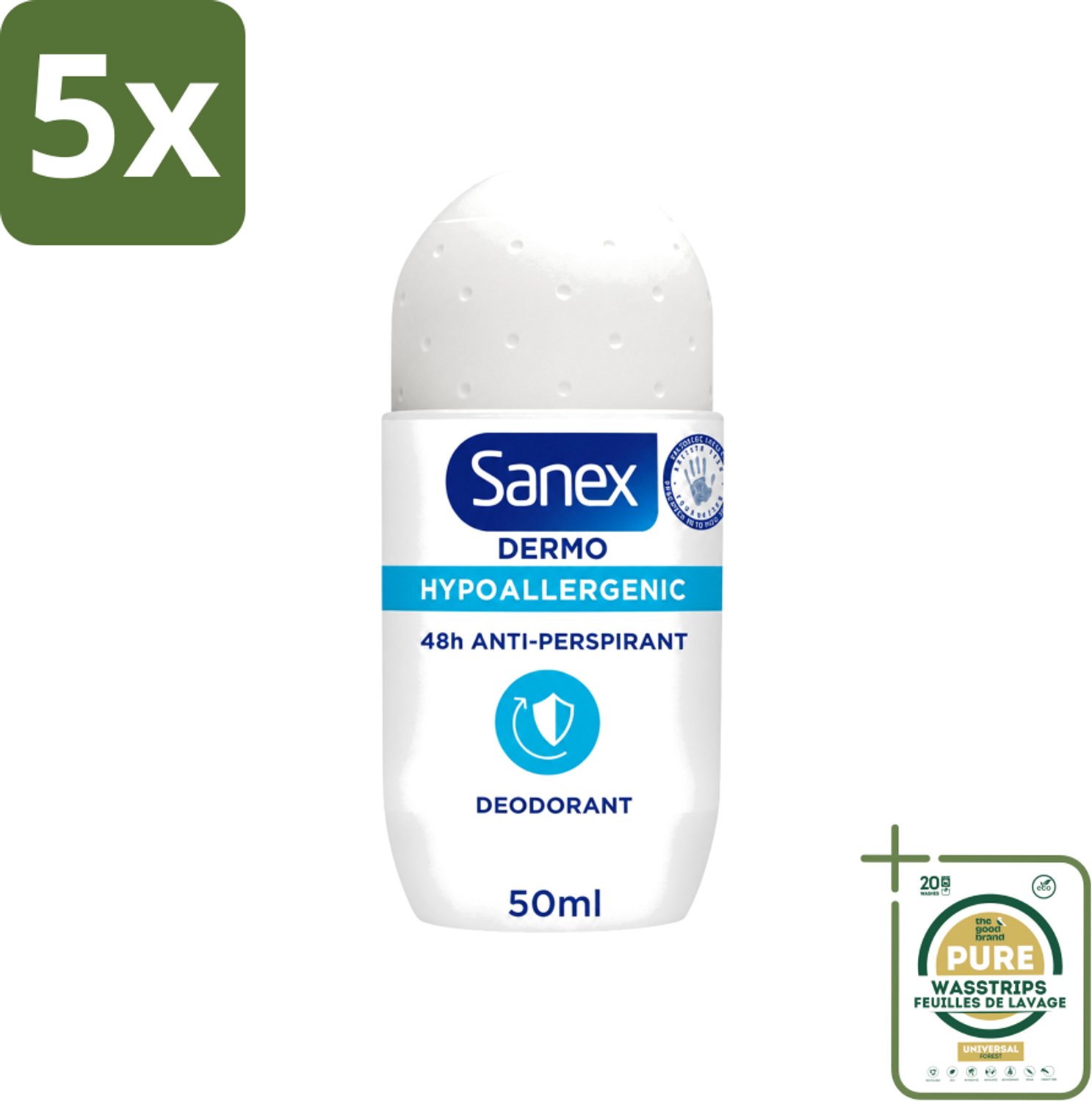 5 x Sanex Dermo - Deodorant Roller - Hypoallergeen - 48h Anti-Transpirant - 50 ml - Wasstrips - Deodorant Roller - Hypoallergeen Deodorant - 48h Bescherming - Transpiratie Bescherming - Lichaamsgeur Bestrijding