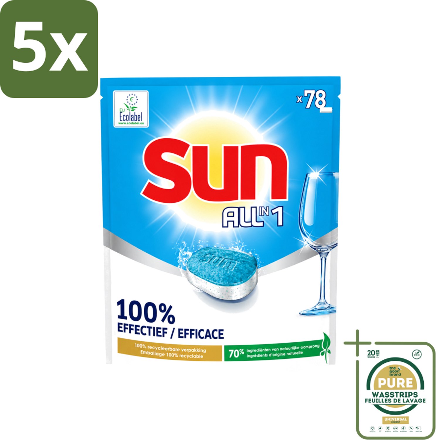 5 x Sun All-in-1 - Eco Label - Vaatwastabletten - 78 Tabletten - Wasstrips - Vaatwastabletten - Milieuvriendelijke Vaatwas - Eco Label - Vaatwasser Tabletten - Vet Verwijderen