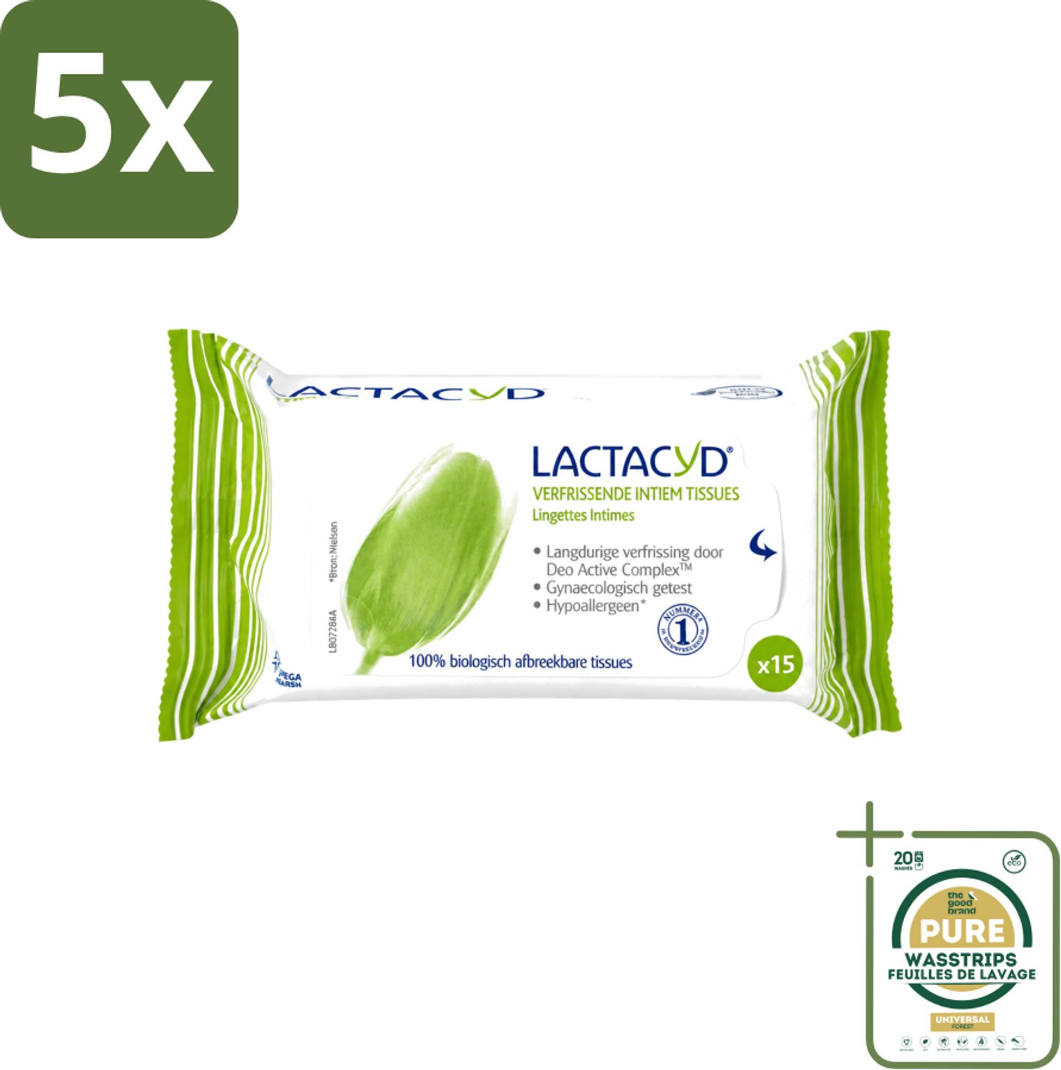 5 x Lactacyd - Intieme Doekjes - Verfrissend - Zeepvrij - Biologisch Afbreekbaar - 15 Doekjes - Wasstrips - Intieme Doekjes - Verfrissend - Biologisch Afbreekbaar - Melkzuur - Menthol