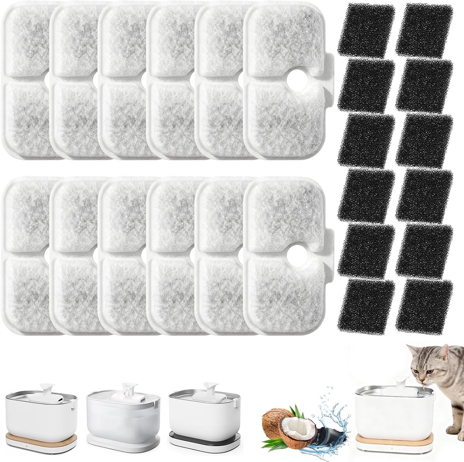 12-pack filters voor Dockstream PLWF105/PLWF115/PLWF005, 12 koolstoffilters en 12 schuimfilters, roestvrijstalen vervangingsfilters voor kattenfonteinen