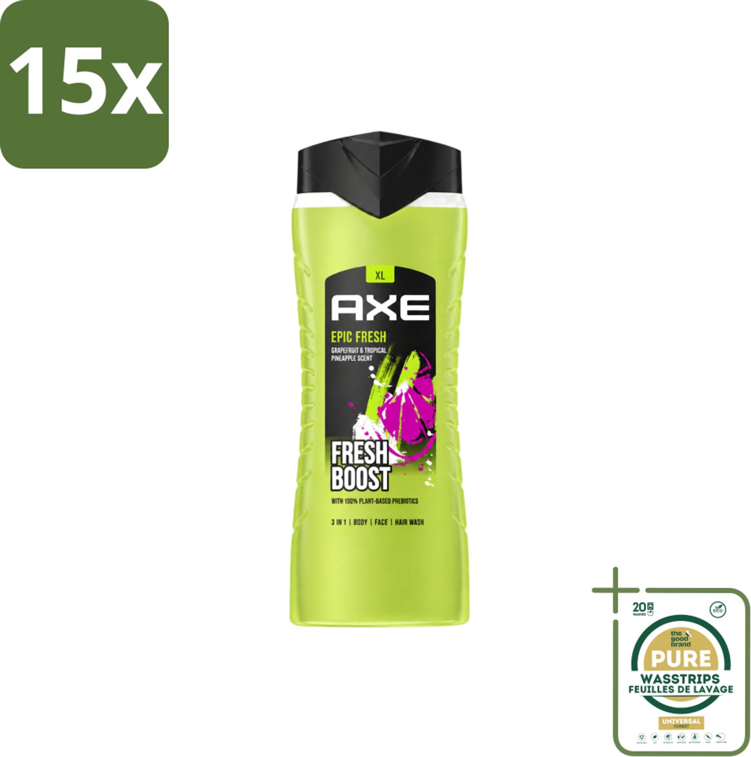 15 x AXE – Douchegel – Epic Fresh Fresh Boost 3-in-1 – 400 ml - Wasstrips - Douchegel - Frisheid - Lichaam - Gezicht - Haar