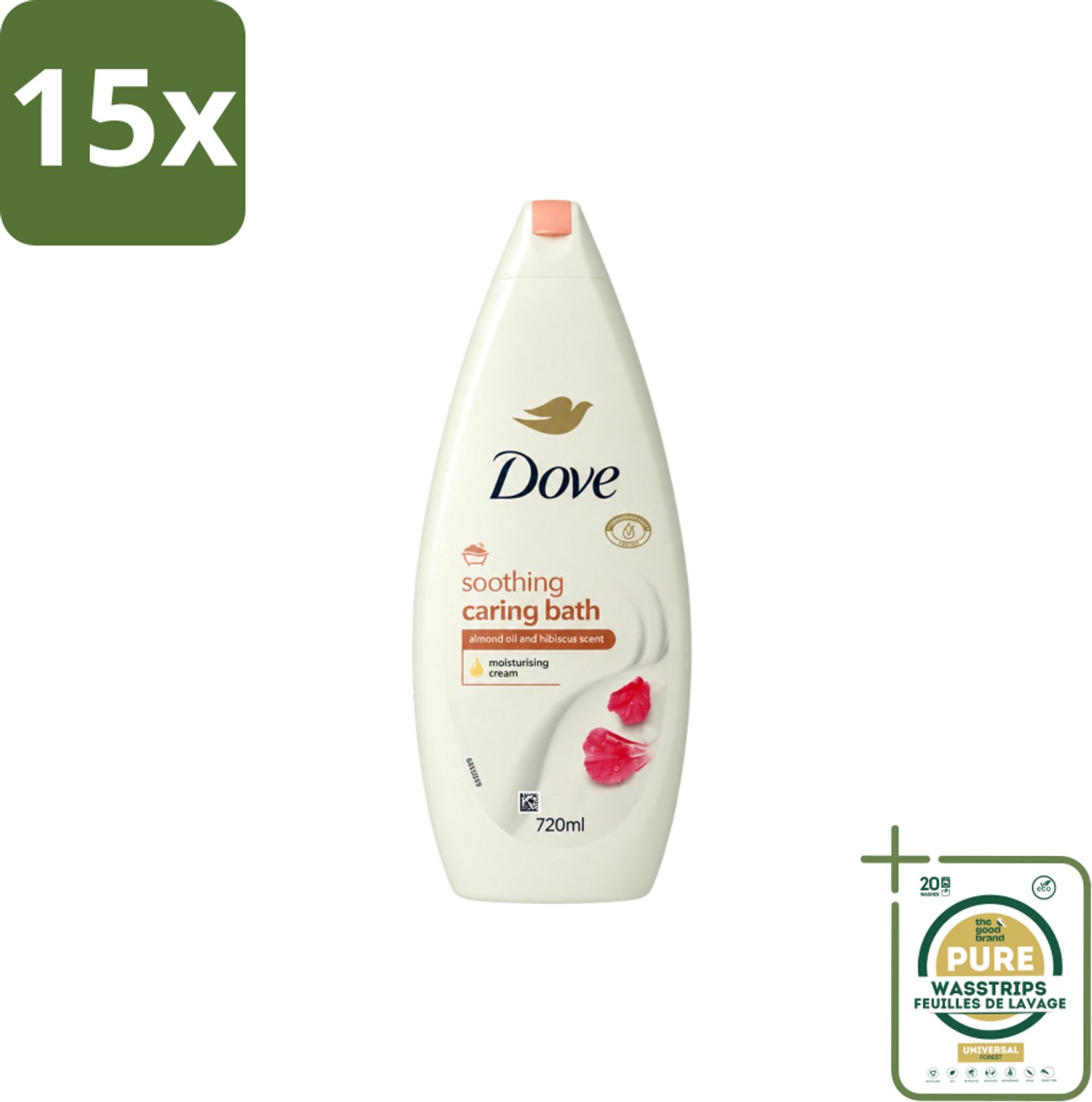15 x Dove – Badcrème – Soothing Almond Oil & Hibiscus – 720 ml - Wasstrips - Douchegel - Huidverzorging - Kalmerend - Schuim - Amandelolie