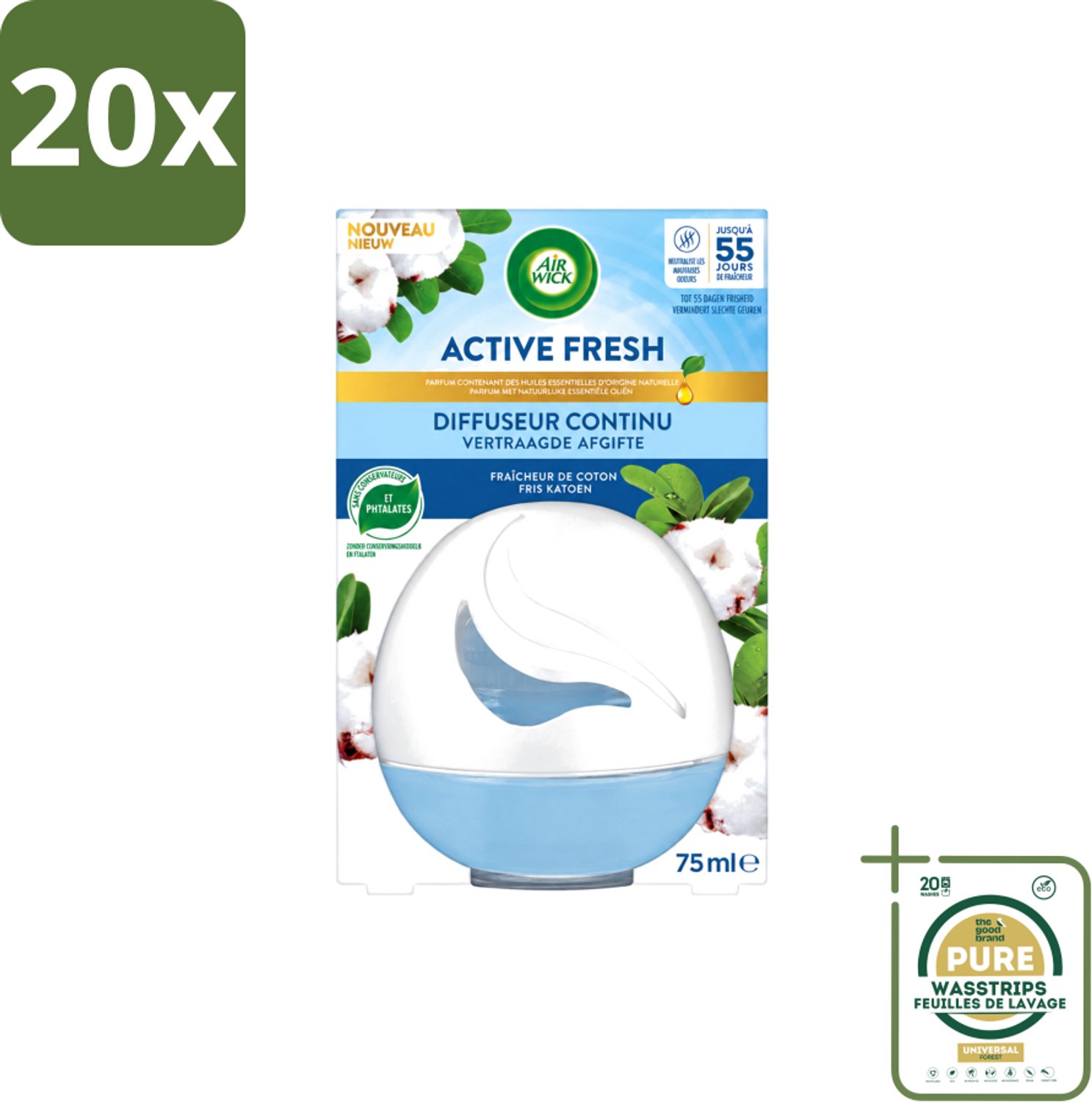 20 x Air Wick – Luchtverfrisser – Deco Sphere Katoen – 75 ml - Wasstrips - Luchtverfrisser - Katoen Geur - Frisse Geur - Geur Neutraliseren - Geur In Badkamer