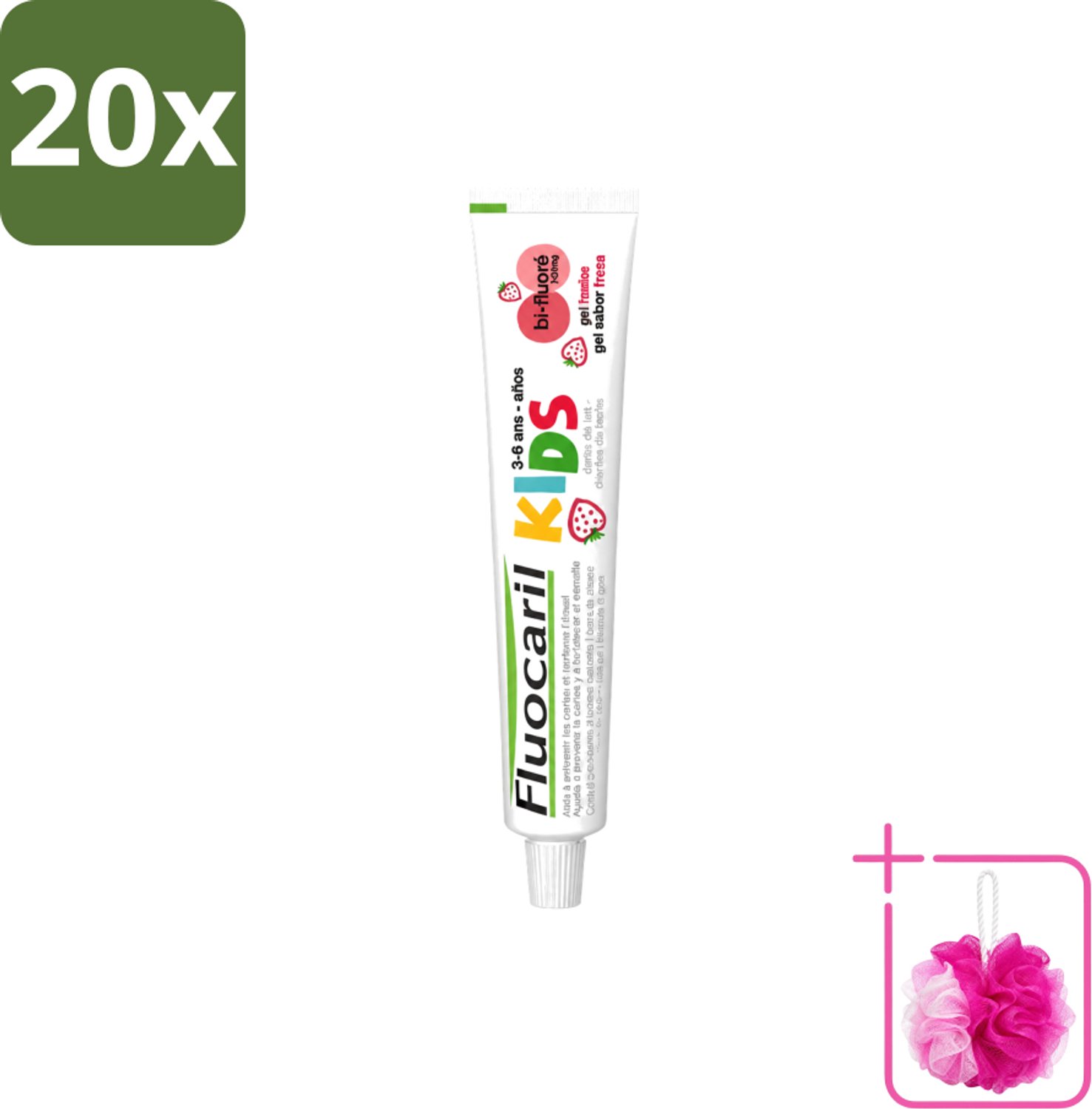 20 x Fluocaril Kids - Bi-Fluoride - Tandpasta - Met Aardbeiensmaak - 3 tot 6 jaar - 50 ml - Bulkverpakking - Tandpasta voor kinderen - Douchemop - Melktanden beschermen